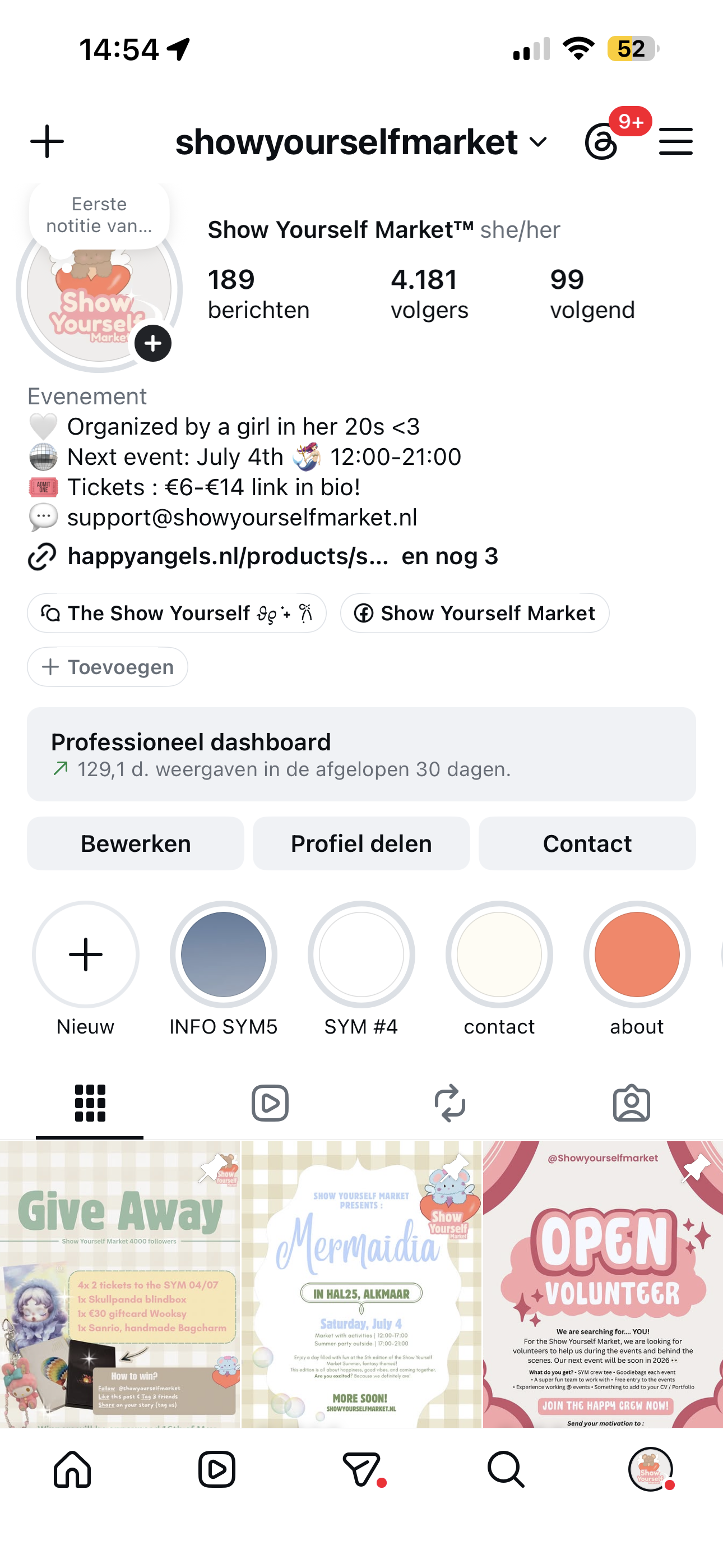 Screenshot van de Instagram-pagina van Show Yourself Market, met informatie over evenementen, updates en advertenties voor de markt, inclusief promotionele posters en structuur van de app.