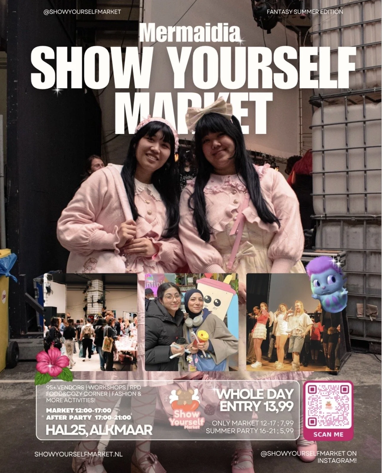 Promotieposter voor een markt genaamd Show Yourself Markt, met foto's van mensen die deelnemen, informatie over tijden en prijzen, en decoraties zoals bloemen en een cartoonzusje.