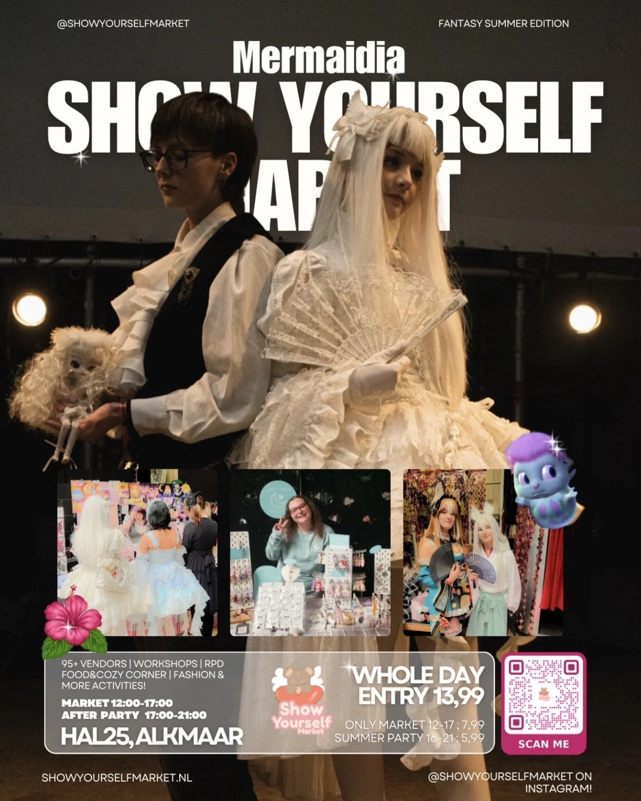 Promotiemateriaal voor een markt met verschillende foto's van mensen in creatieve en kleurrijke outfits en ambachten, met details over het evenement zoals data, tijden, locatie en kosten.
