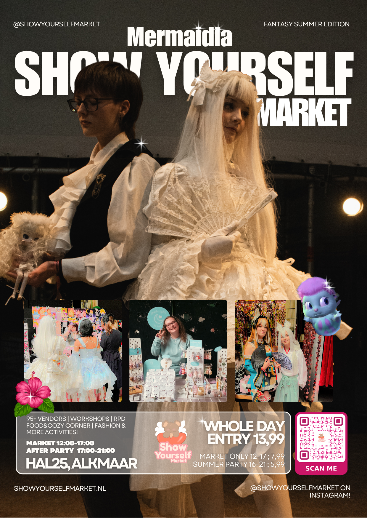 Flyer voor een markt met het thema 'Show Yourself', inclusief foto's van mensen in cosplay, handgemaakte accessoires en verkoopstanden op de markt.