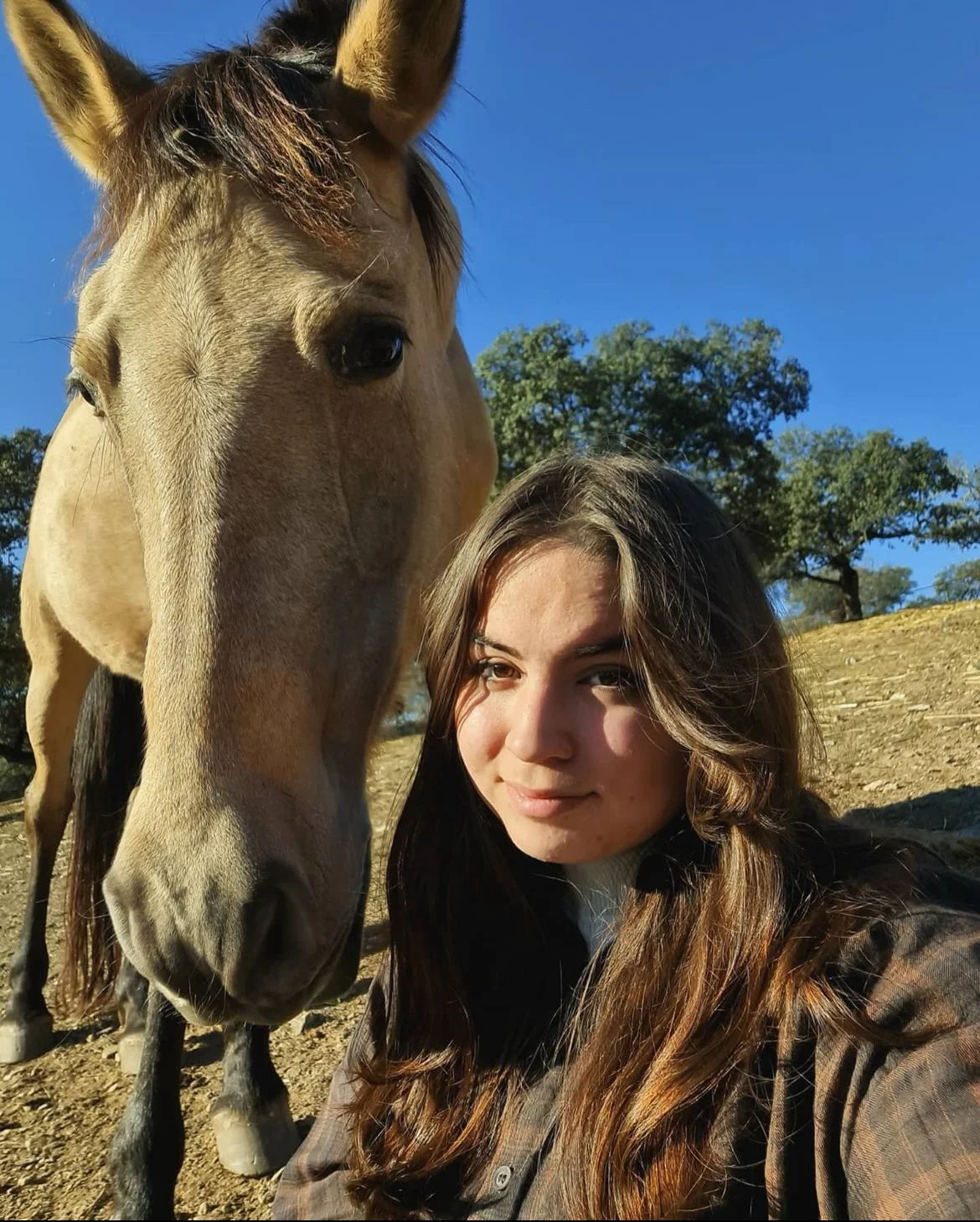 Een jonge vrouw met bruin haar maakt een selfie met een beige paard onder een heldere blauwe lucht.