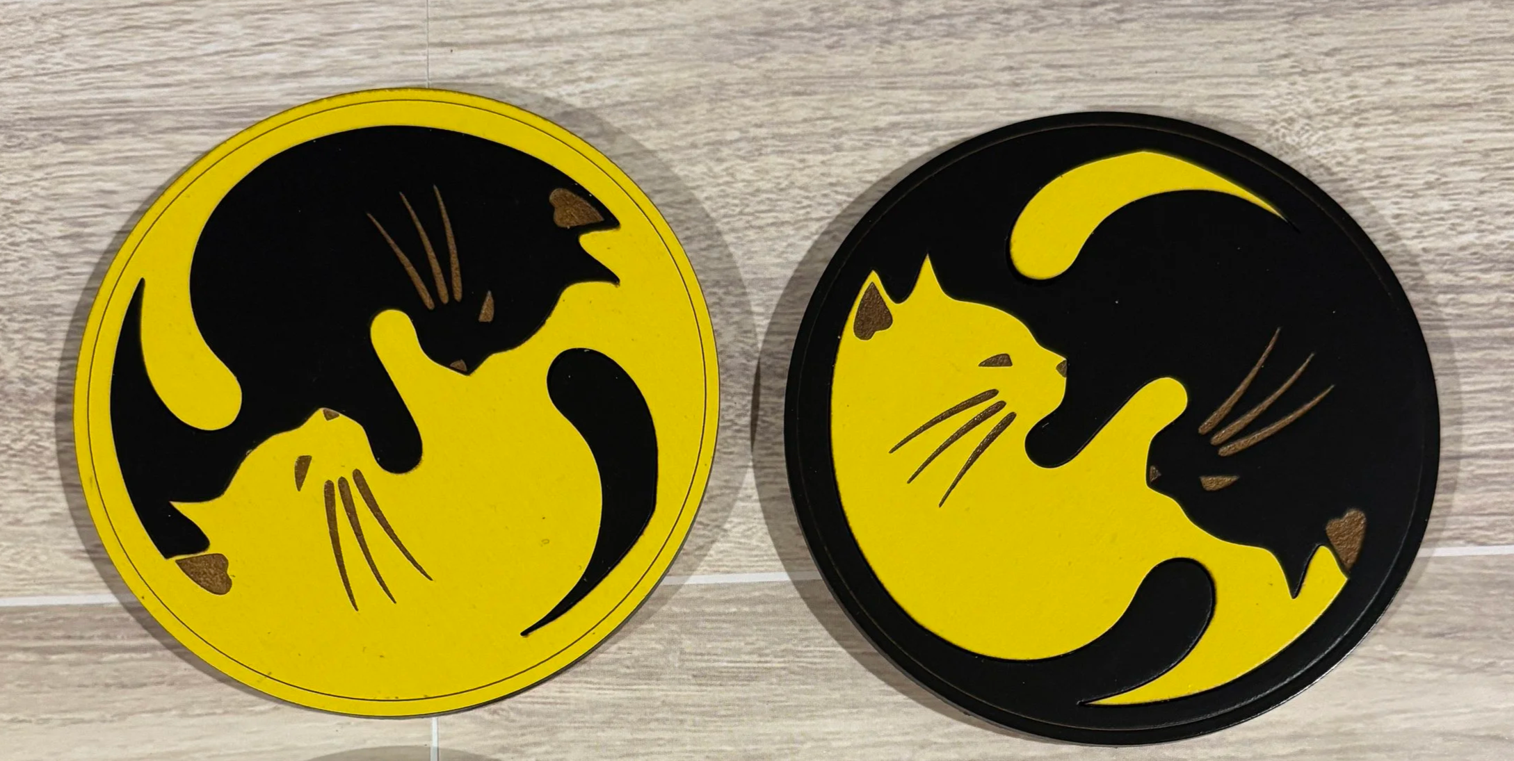 Yin-Yang Cat Coasters - Set of Two (Solid Colors)