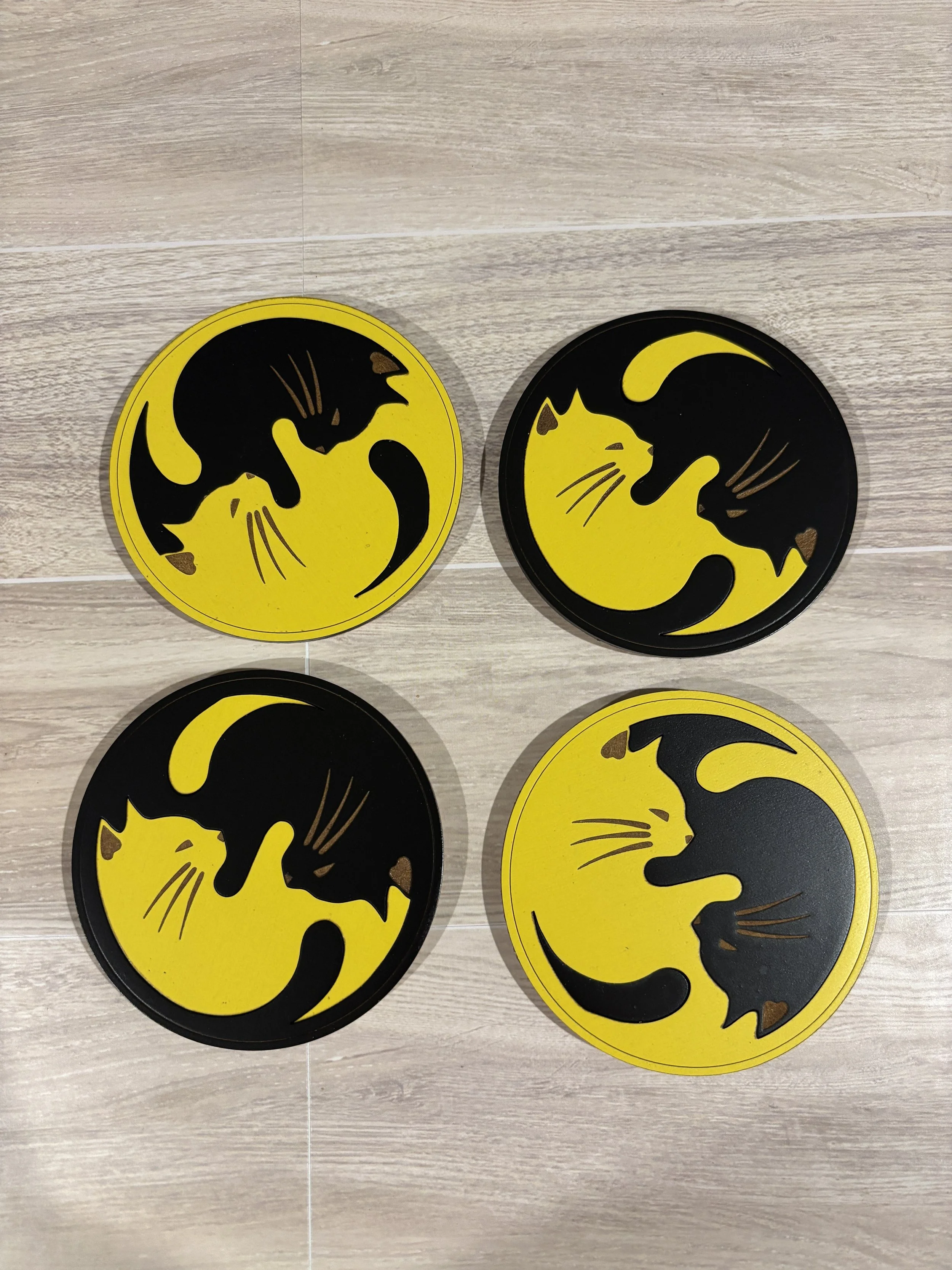 Yin-Yang Cat Coasters - Set of Four (Solid Colors)