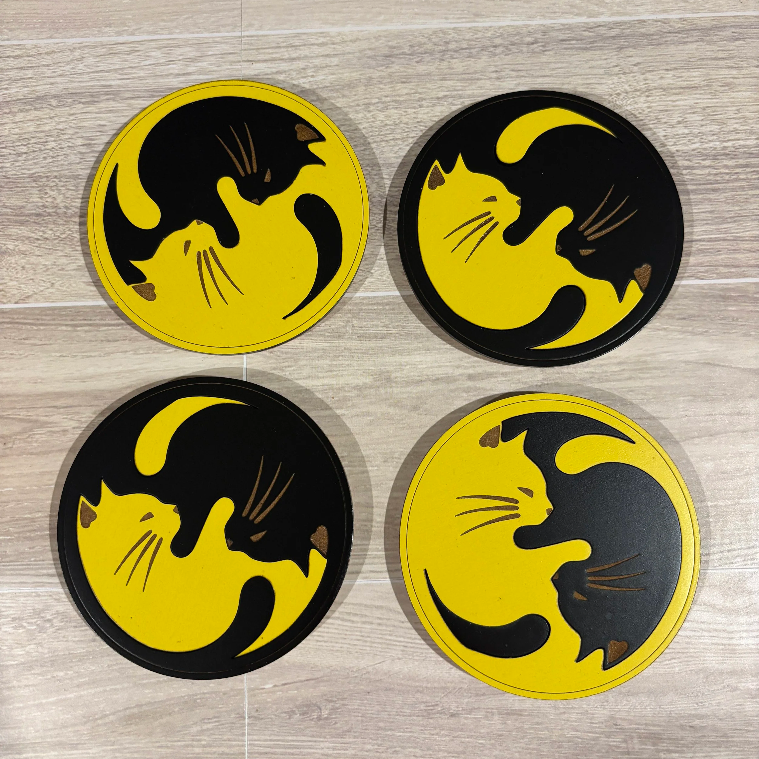 Yin-Yang Cat Coasters - Set of Four (Solid Colors)