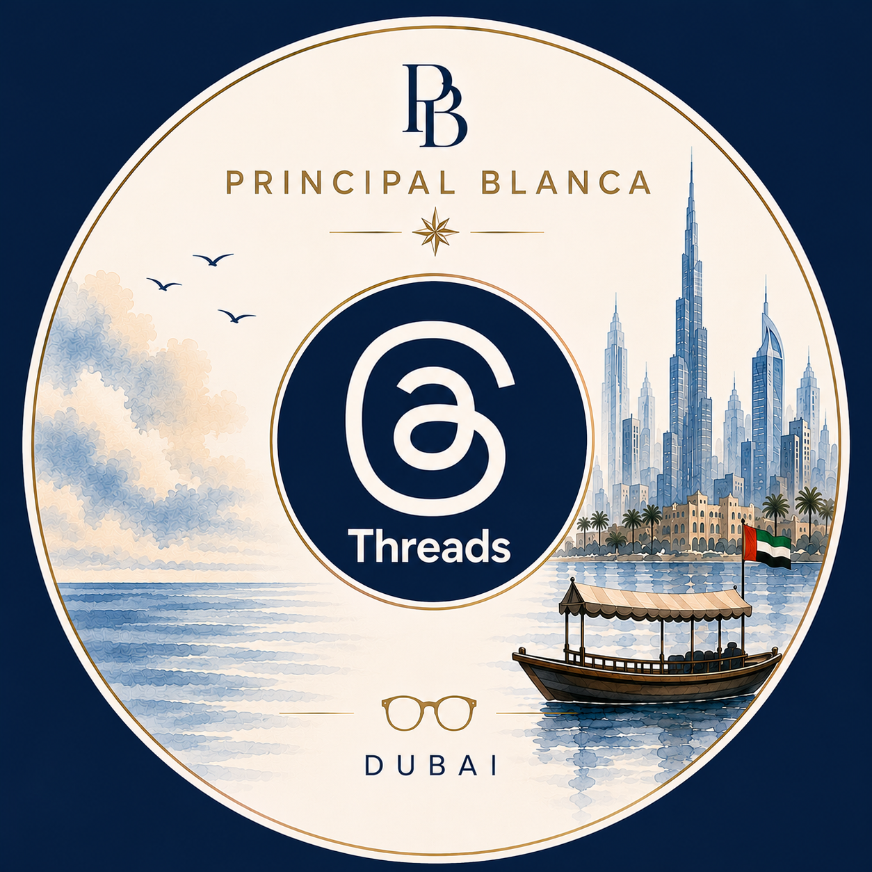 Cable magazine cover featuring Dubai skyline, boat with United Arab Emirates flag, and text "Principal Blanca" and "Threads".