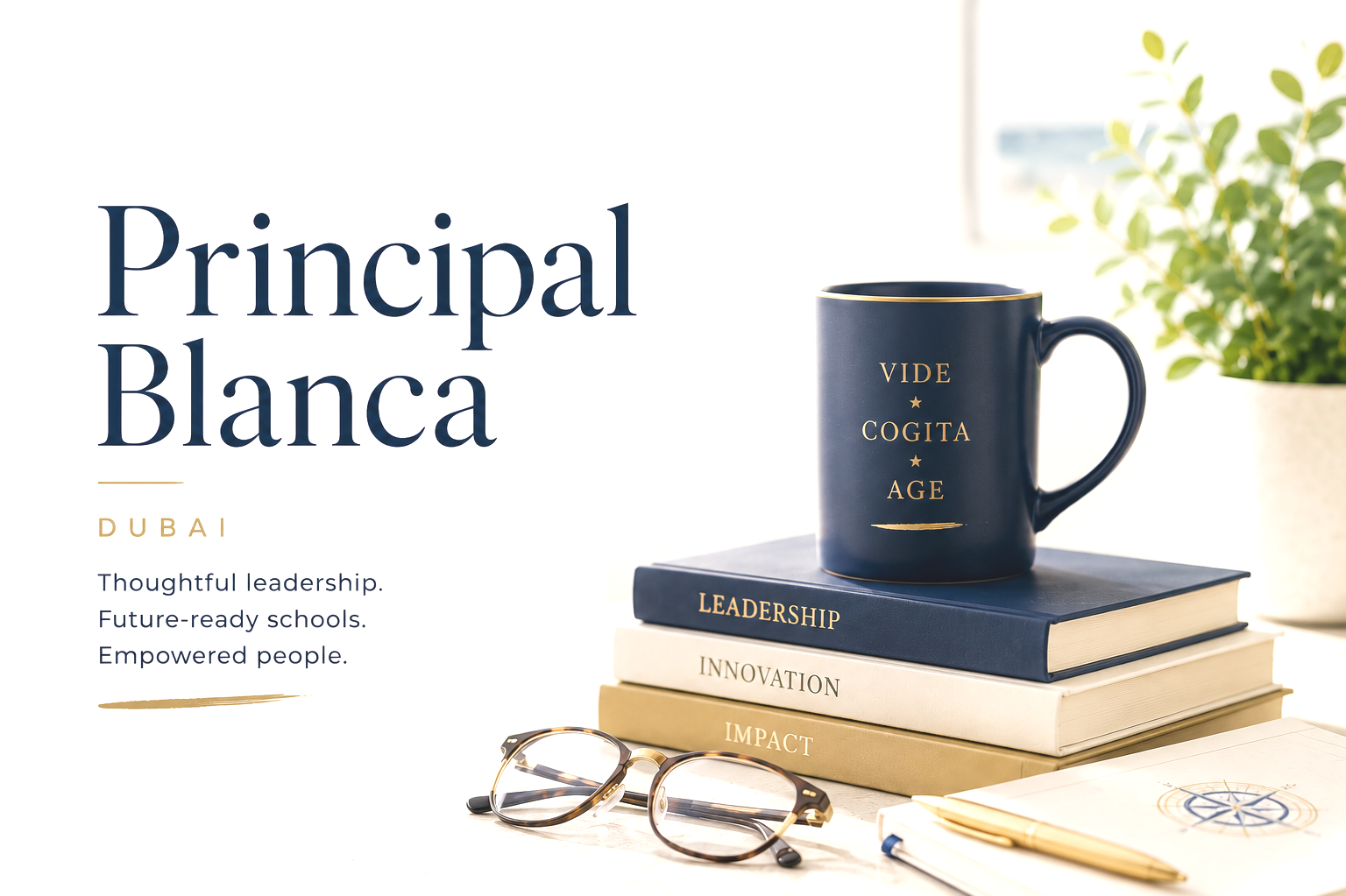 A promotional image for Principal Blanca from Dubai, featuring a navy blue coffee mug with the words "Vide Cogita Age," stacked books with titles "Leadership," "Innovation," and "Impact," a pair of glasses, and a notebook with a compass design.