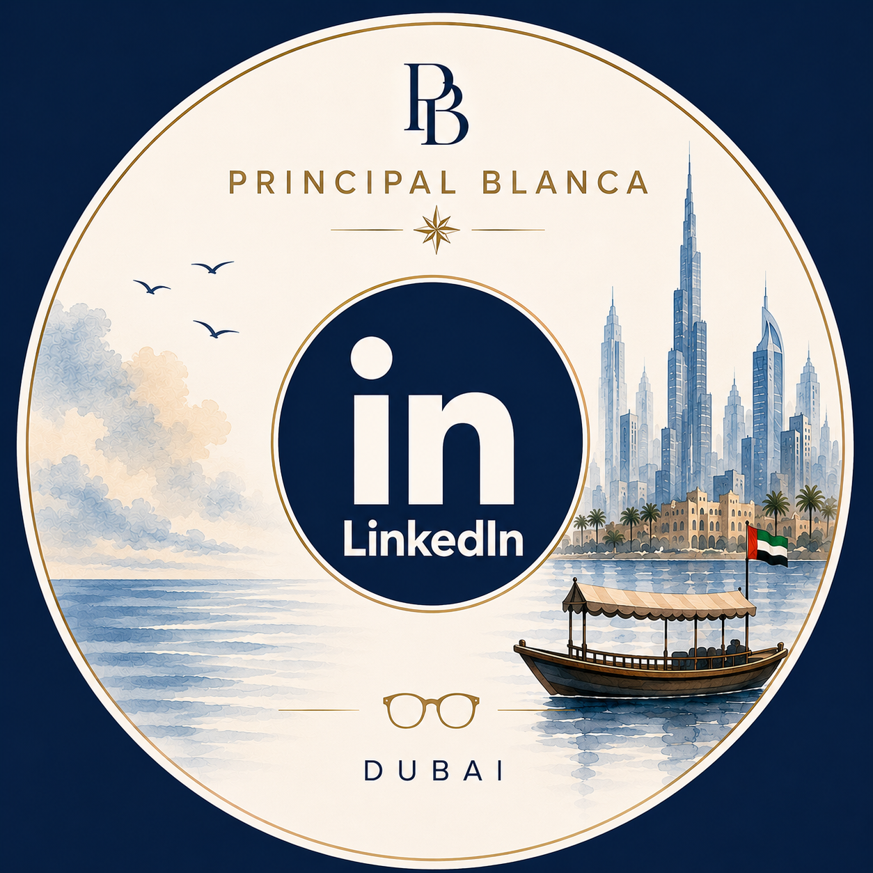 Stylized label featuring the LinkedIn logo in the center with 'Principal Blanca' at the top, a city skyline with skyscrapers, a boat on water with an Arab flag, palm trees, and a cloudy sky in Dubai.