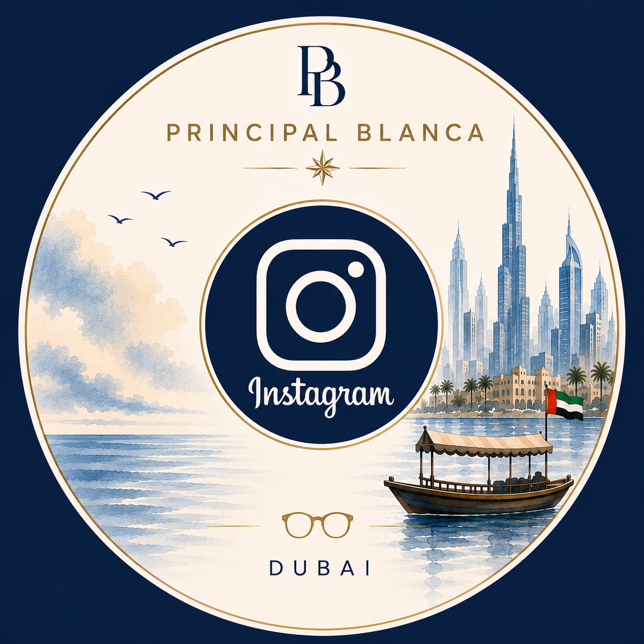 Circular graphic featuring Dubai skyline with tall skyscrapers, a boat with an Emirati flag on calm water, and the cityscape in the background. Text includes 'Principal Blanca,' 'Dubai,' and a prominent Instagram logo in the center.