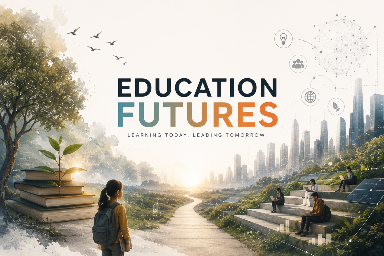 A digital illustration featuring a young girl with a backpack observing a city skyline, a winding path, and a large stack of books with a small plant growing from it, symbolizing knowledge and growth, with students using laptops on terraced steps and interconnected icons representing technology and innovation, emphasizing education and future learning.