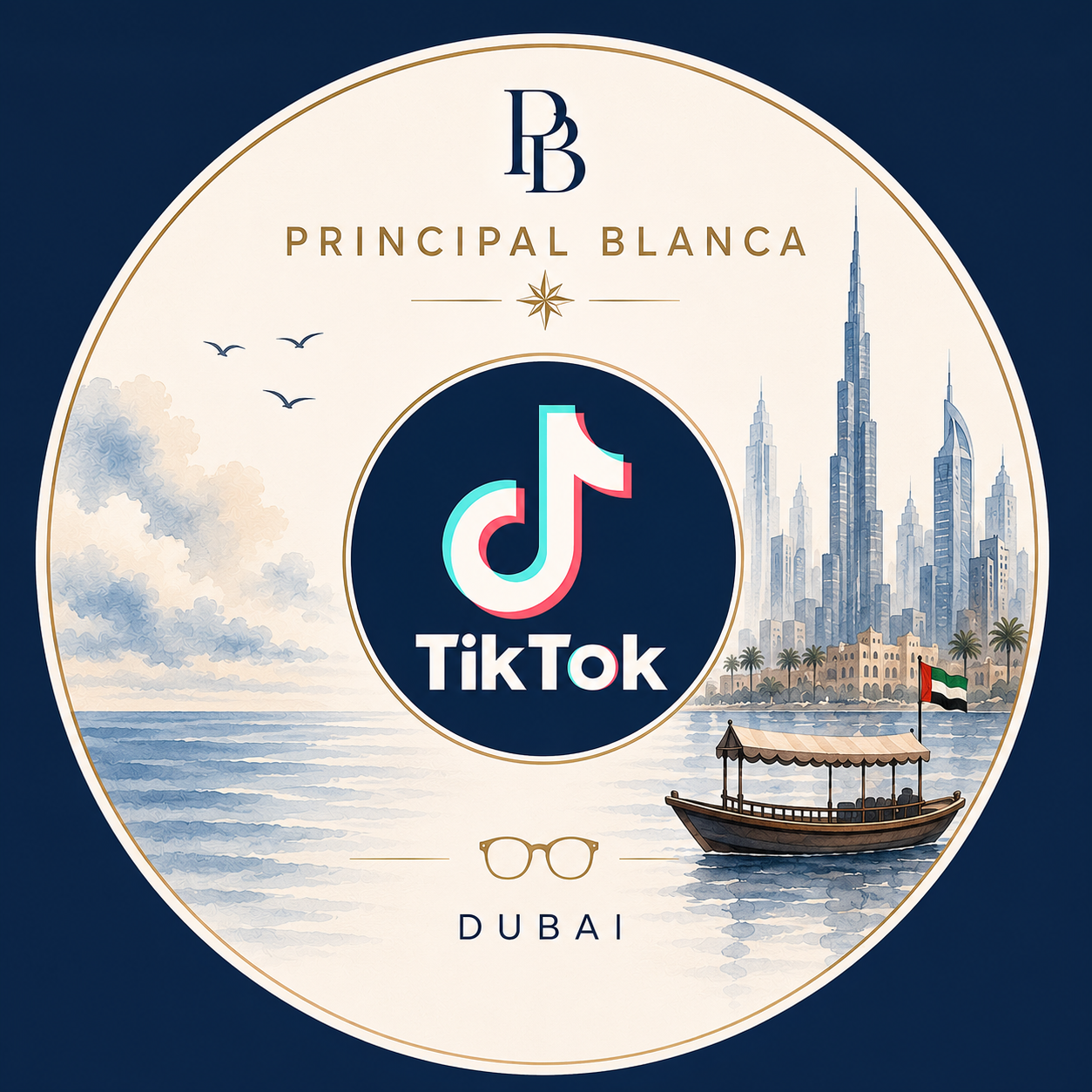 A circular logo with a Shanghai skyline, a boat with the United Arab Emirates flag, and the TikTok logo in the center. Text includes 'Principal Blanca', 'Dubai', and a pair of glasses icon.