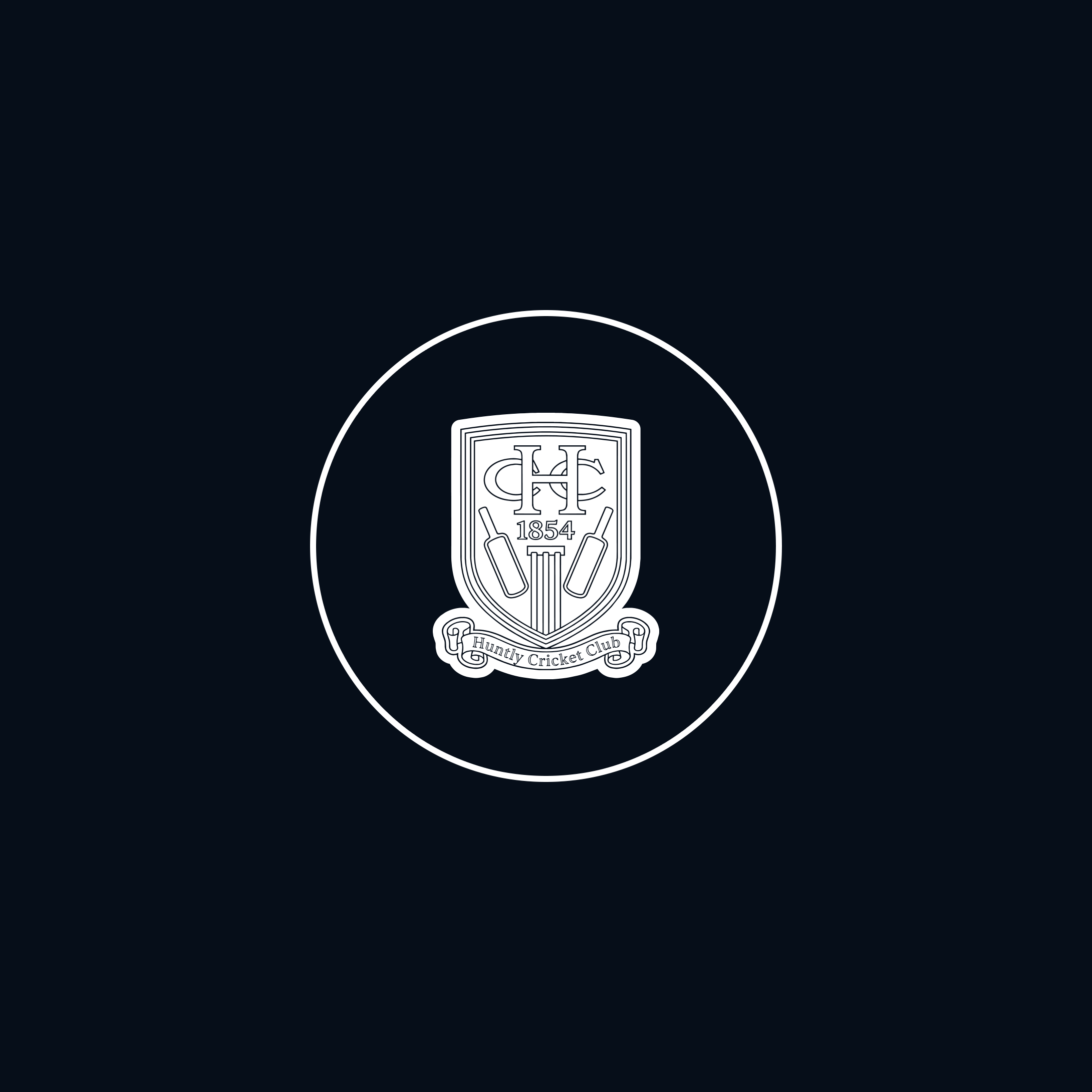 The logo of Huntly Cricket Club features a shield with the year 1854, cricket bats, and the club's name.