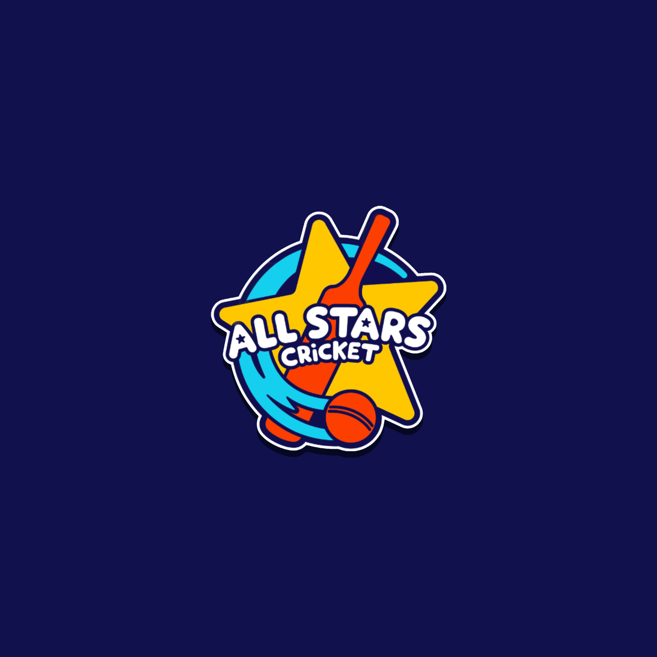 Logo of All Stars Cricket with colorful star and cricket bat and ball on a dark blue background.