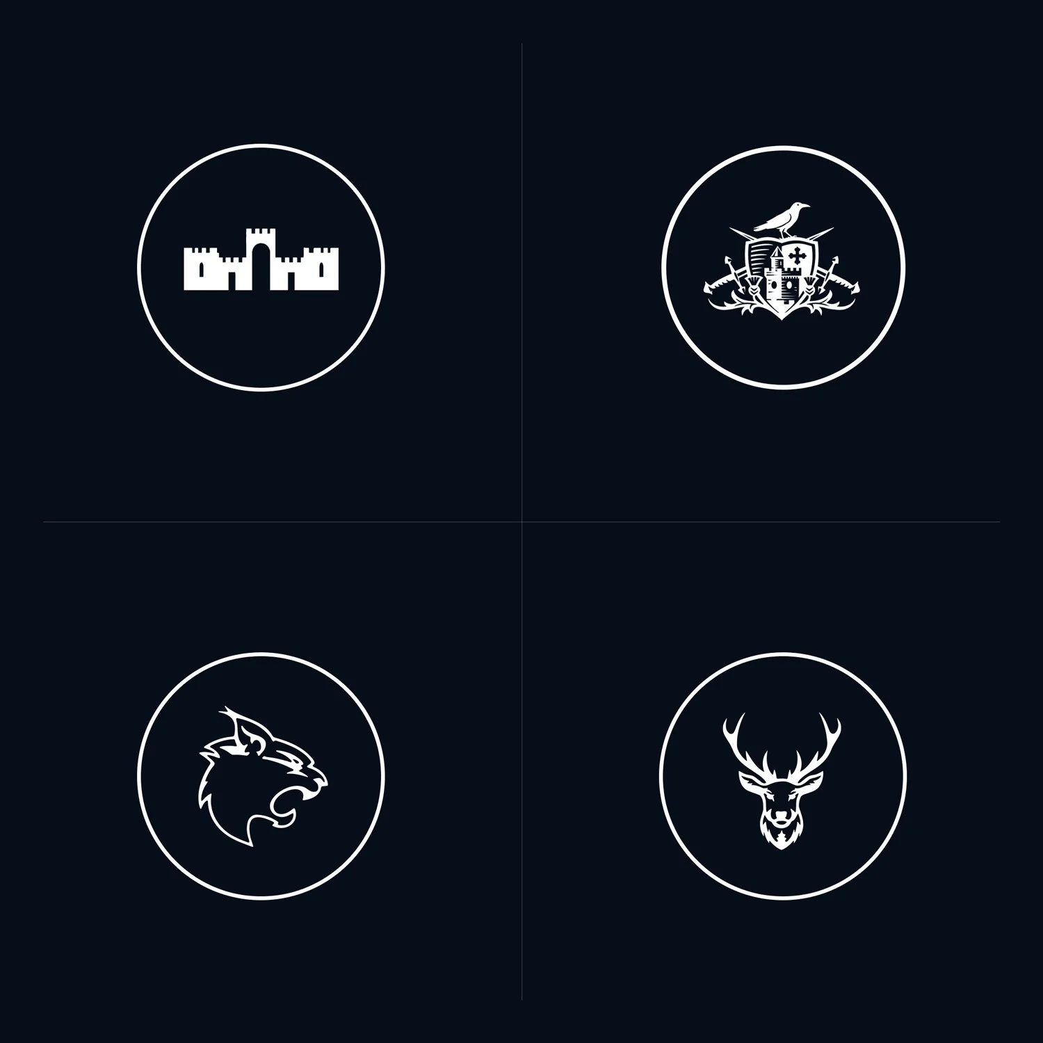 Four circular icons arranged in a grid, each containing a different symbol: a castle, a heraldry shield with a bird, a lion, and a deer.