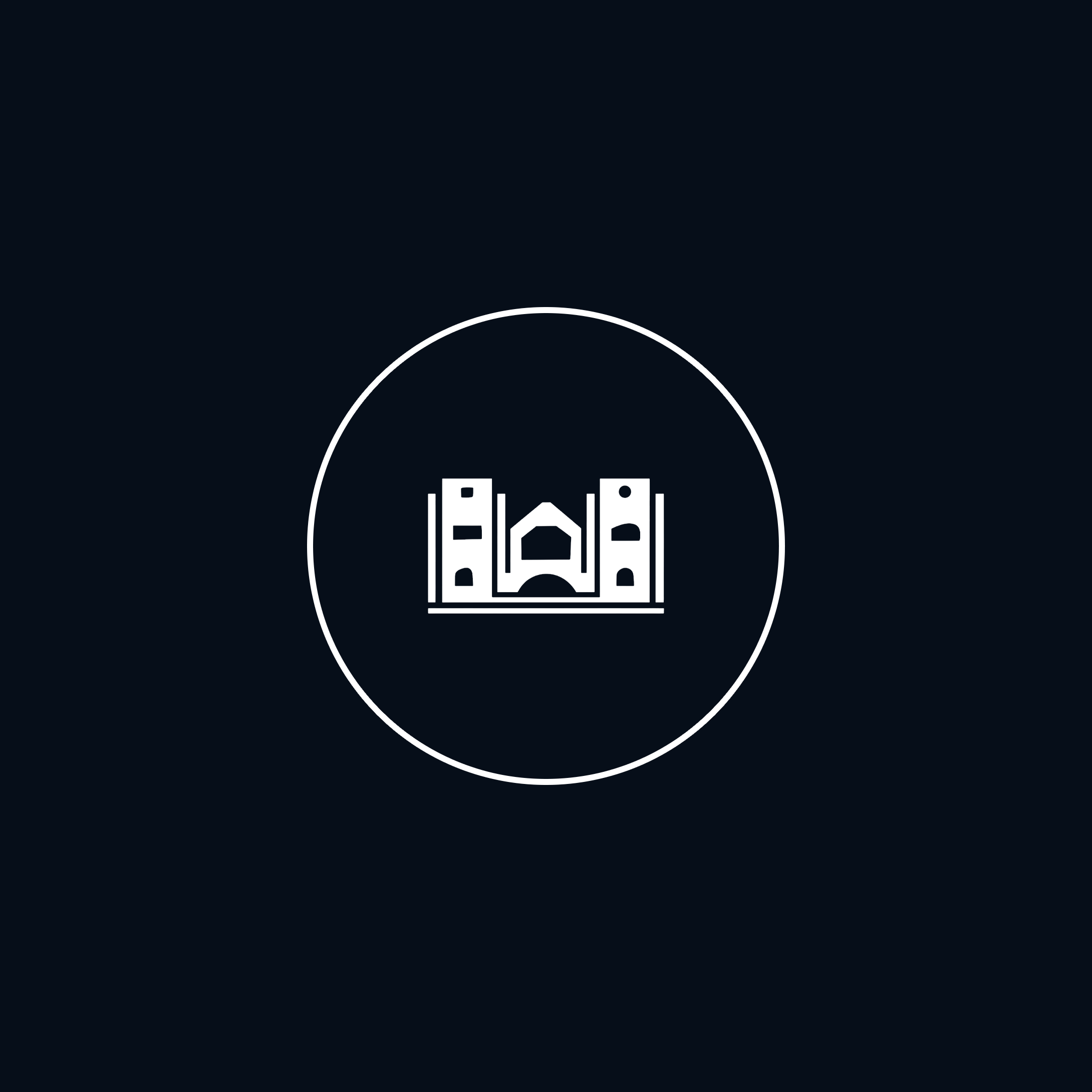 A white circle with a line drawing of a castle inside it on a dark background.