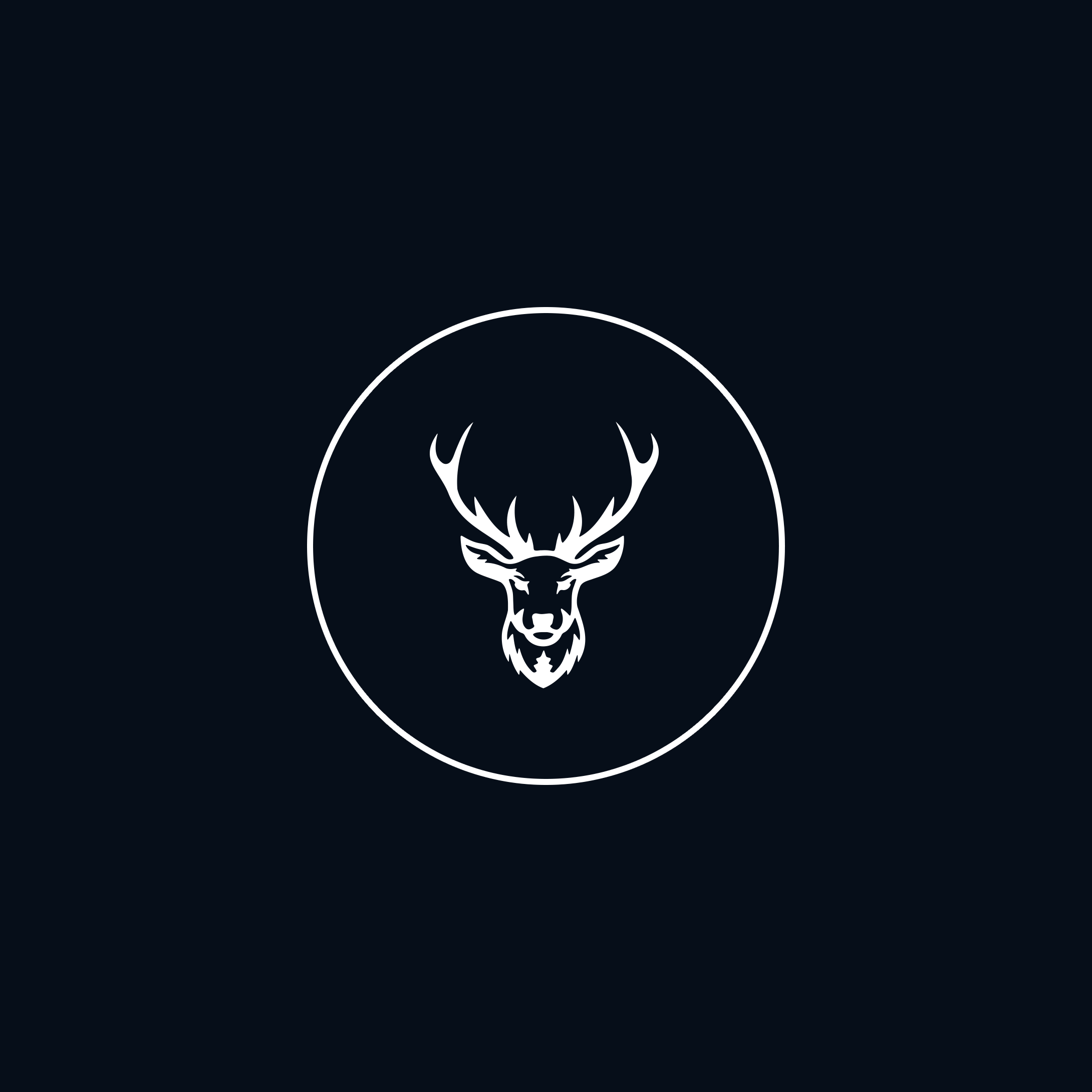 A white outline of a stylized animal head, possibly a wolf or fox, on a black background with a white circle surrounding it.