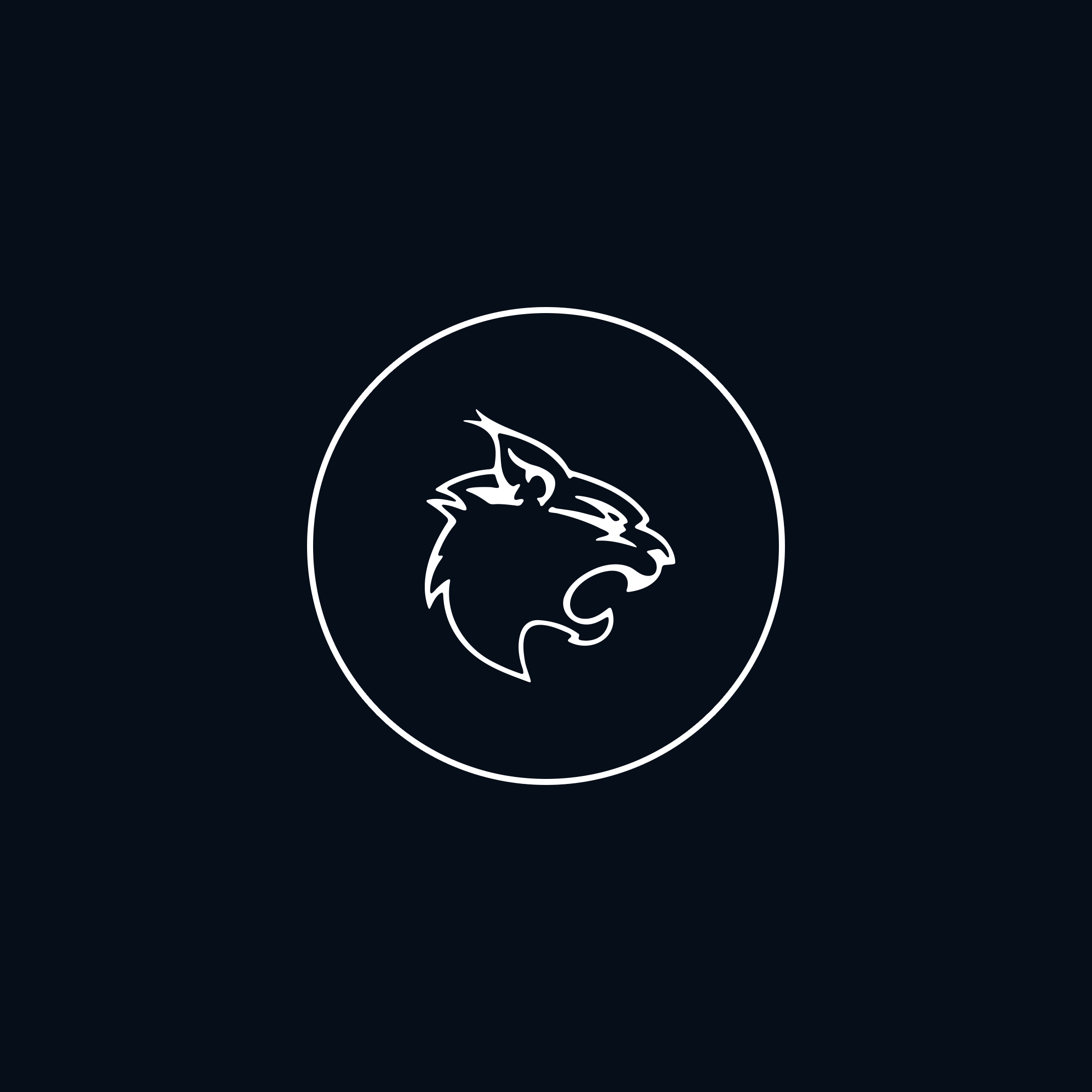 Minimalist black and white illustration of a lion's head within a circle.