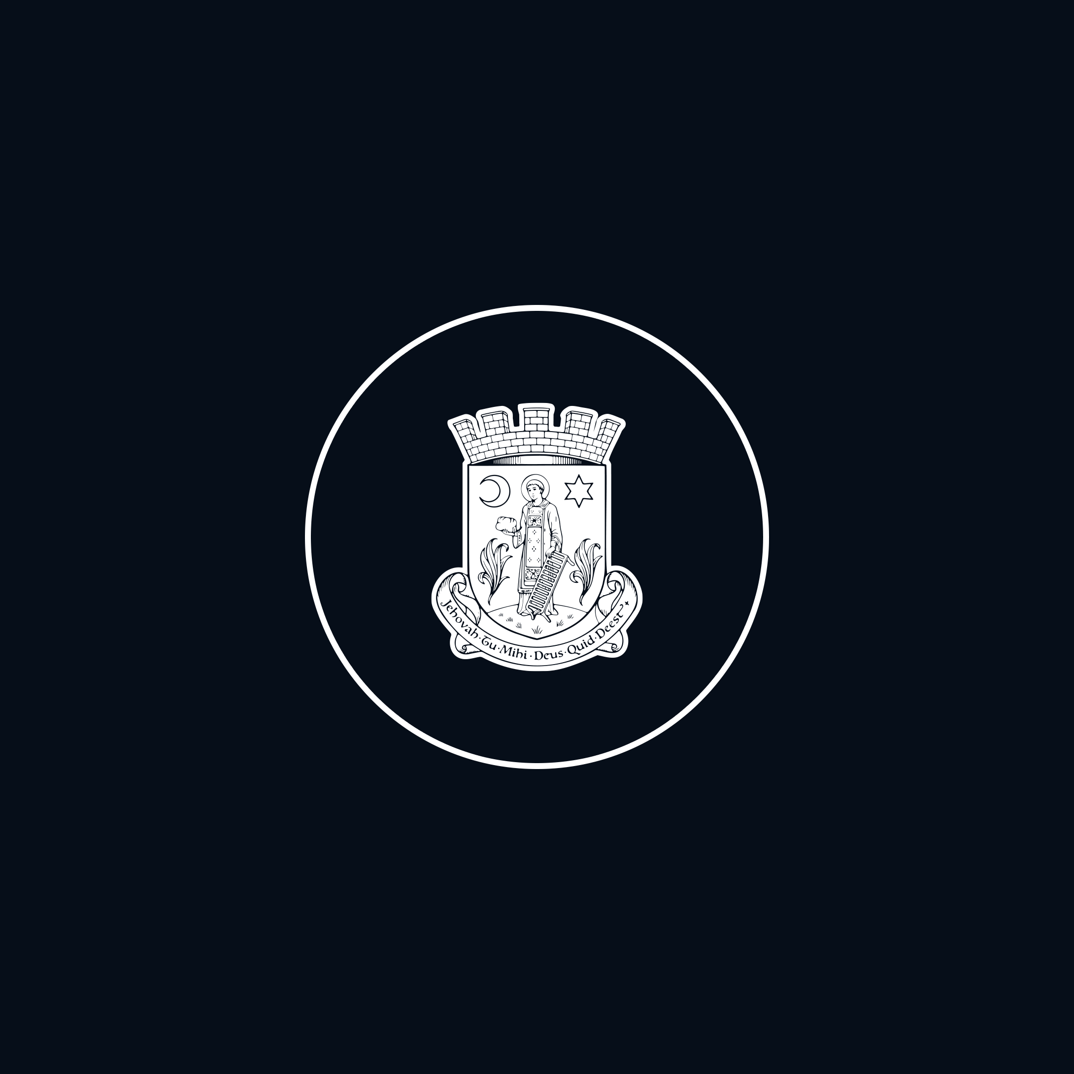 A black background with a white circular emblem featuring a coat of arms with a shield, castles, crescent moon, star, and a figure holding a branch and a scroll, with Latin motto underneath.