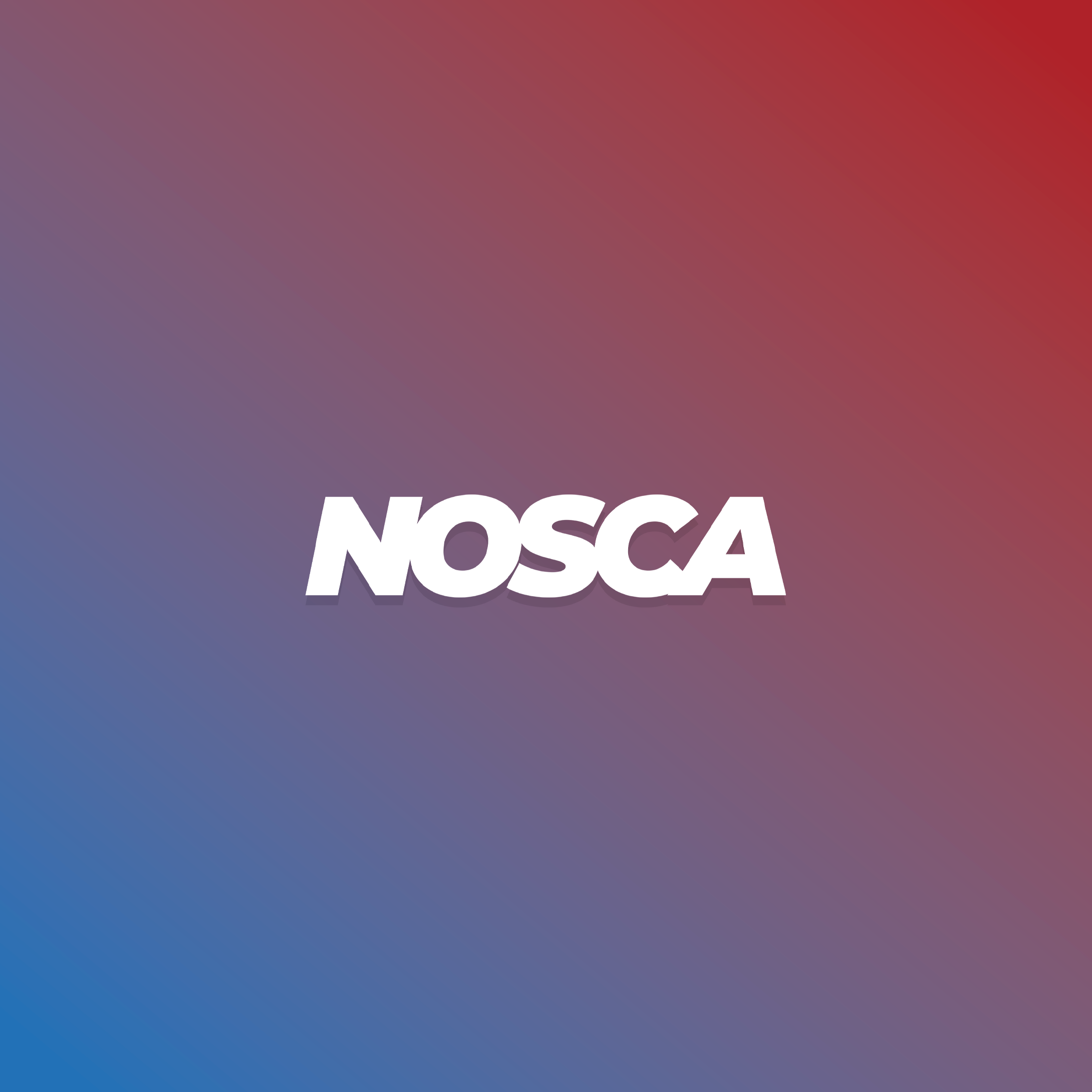 Close-up of a box with bold, large white text that reads 'MOSCA' on a gradient background from purple to red.