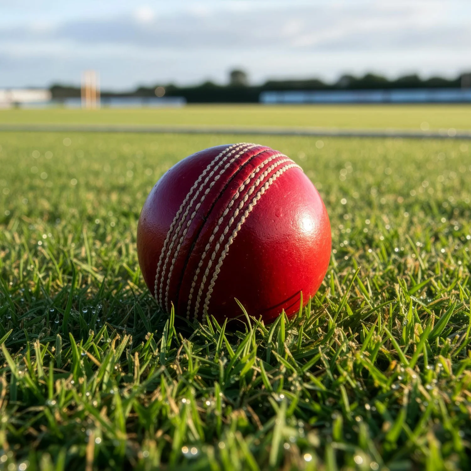 A red cricket ball with white stitching resting on green grass on a sports field, with a blurred background of the field and cloudy sky.