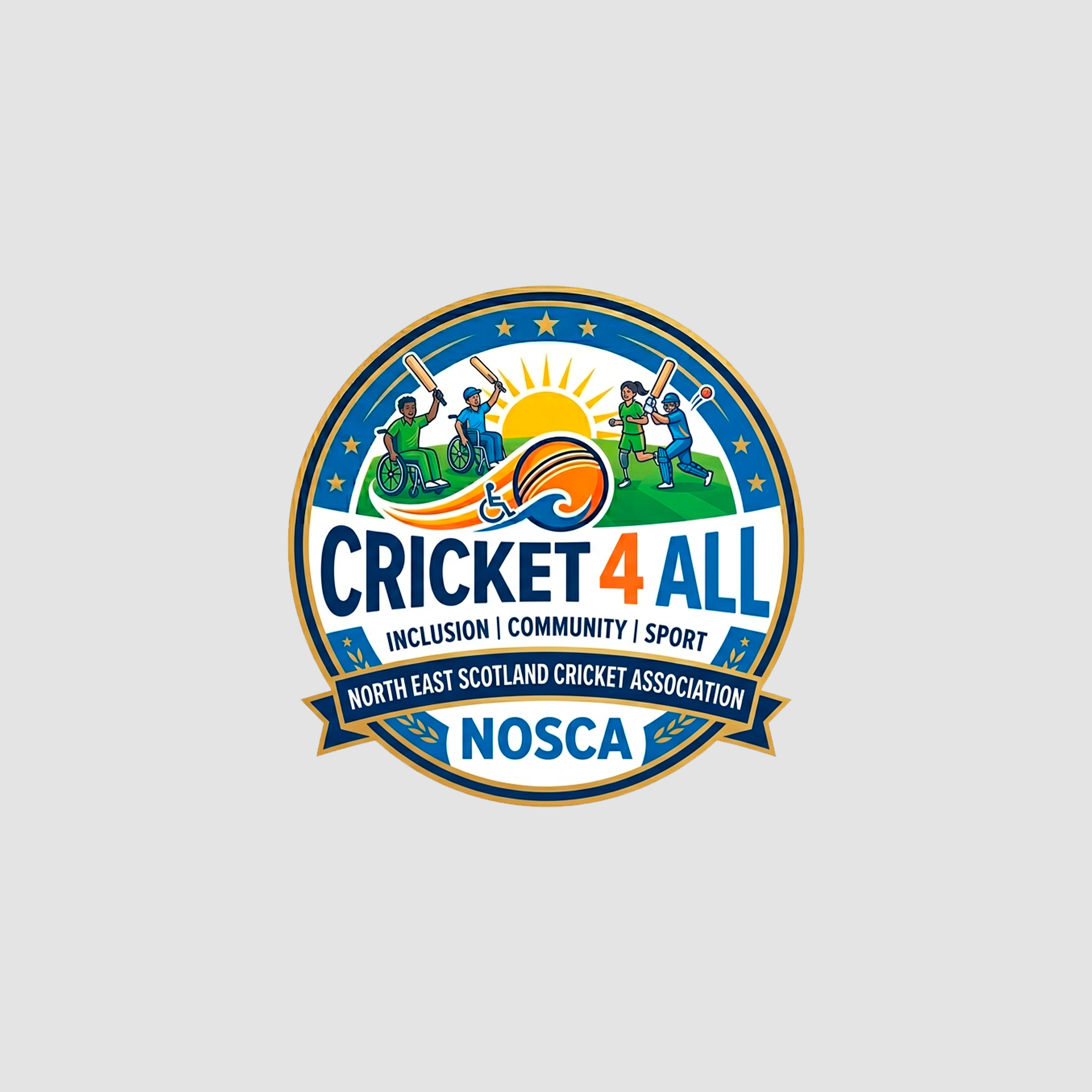 Logo for Cricket 4 All featuring diverse children playing cricket, with text emphasizing inclusion, community, and sport, organized by North East Scotland Cricket.