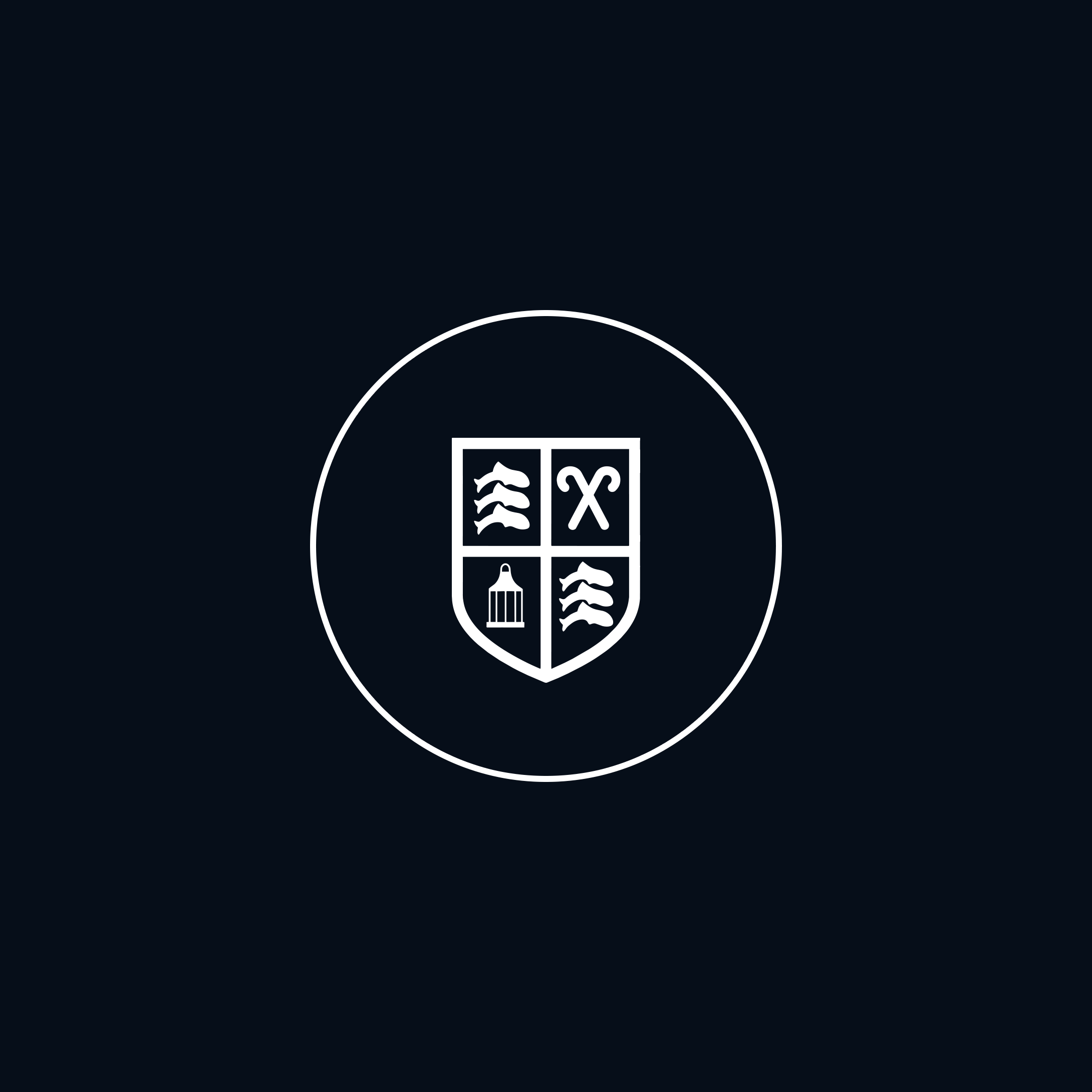A dark background with a partial white circle at the bottom. Inside the circle, there are icons representing a fish, a tuna, a shopping bag, and a zipper. The design appears minimalistic and modern.