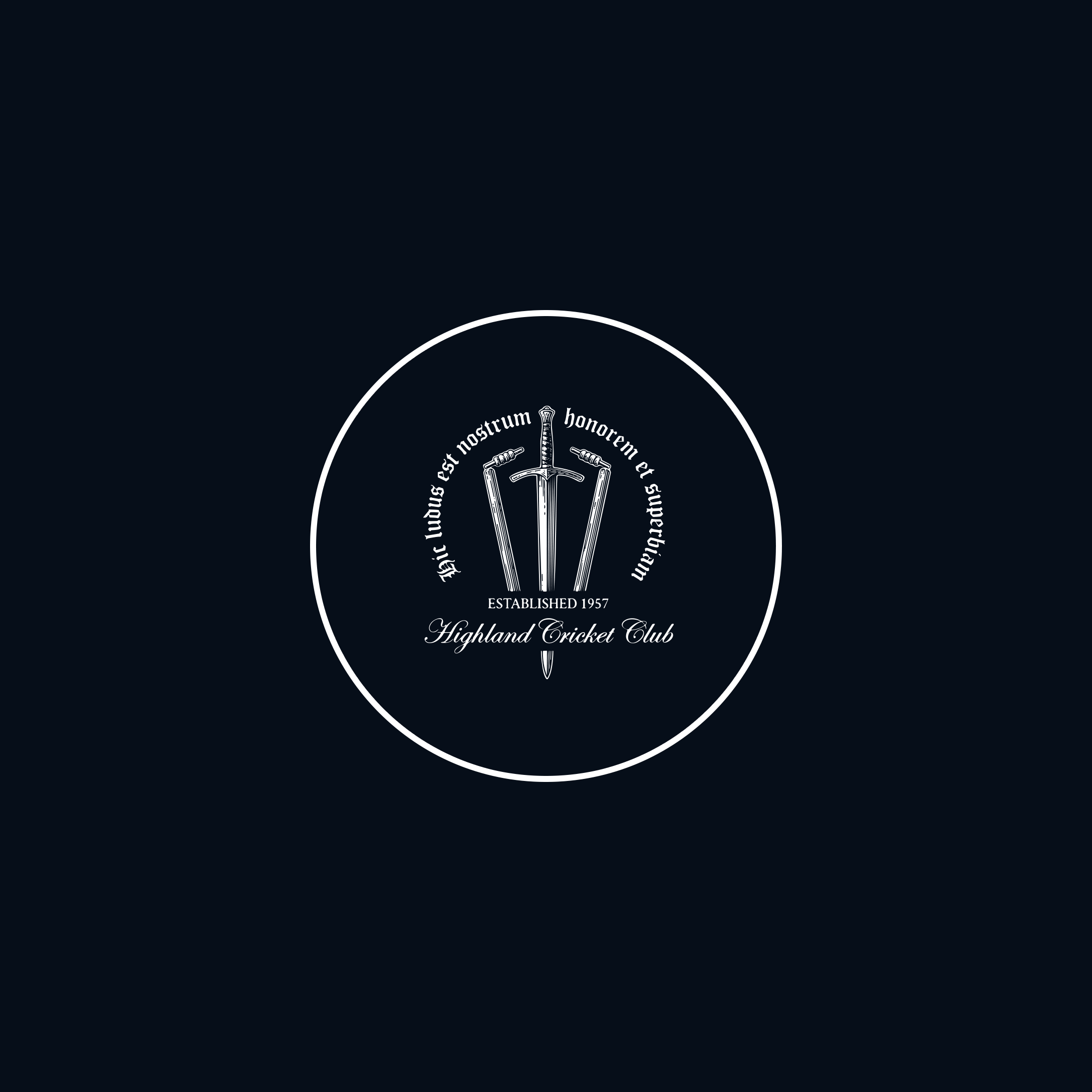 The Highland Cricket Club emblem featuring crossed cricket bats and a central sword, with the text 'Per crucem lux' and 'Established 1957' on a dark background.