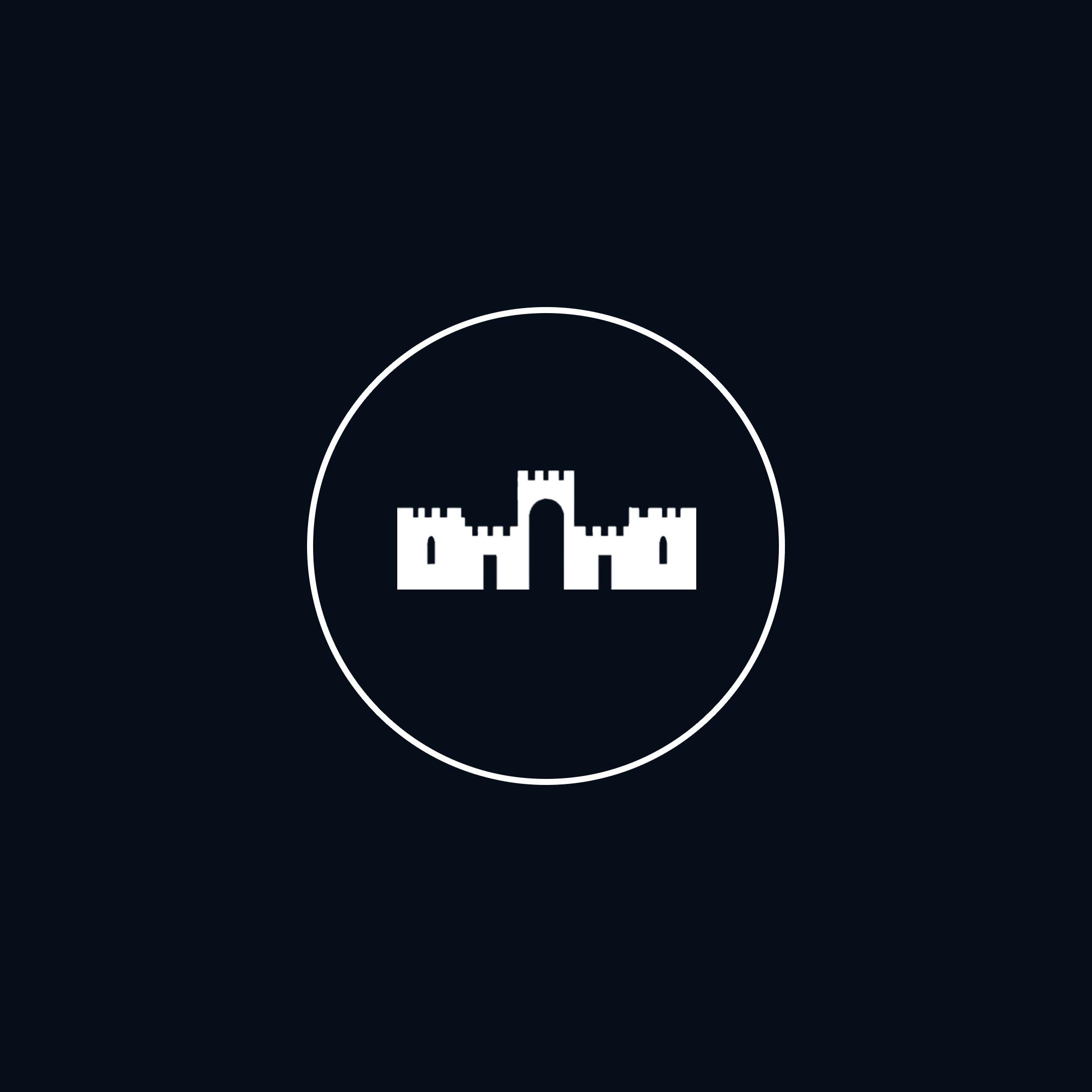 A simple black background with a white semi-circular outline and a white castle icon in the center.