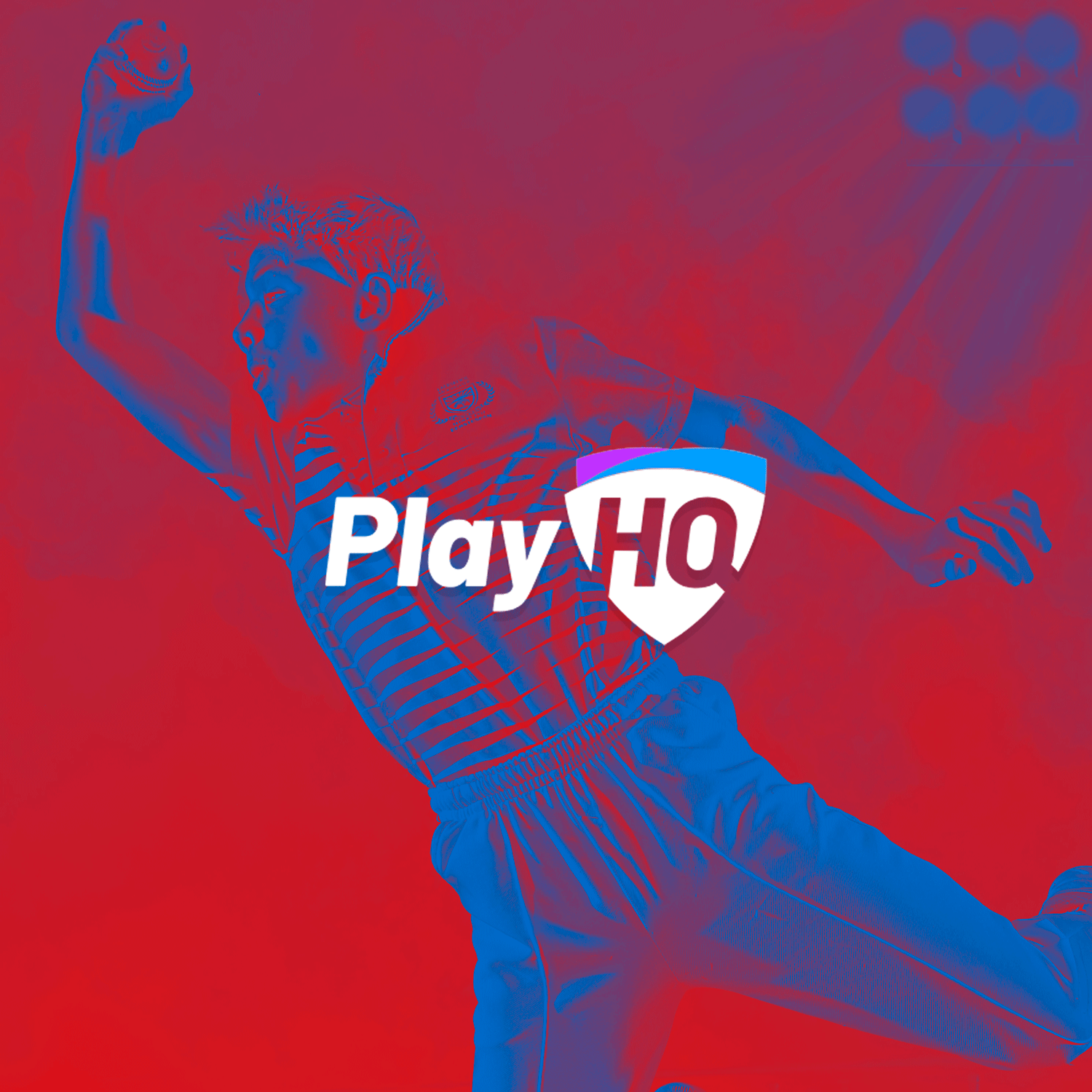 A young boy in sportswear flying through the air with arms and legs extended, holding a ball in one hand, with the PlayH2O logo superimposed on the image.