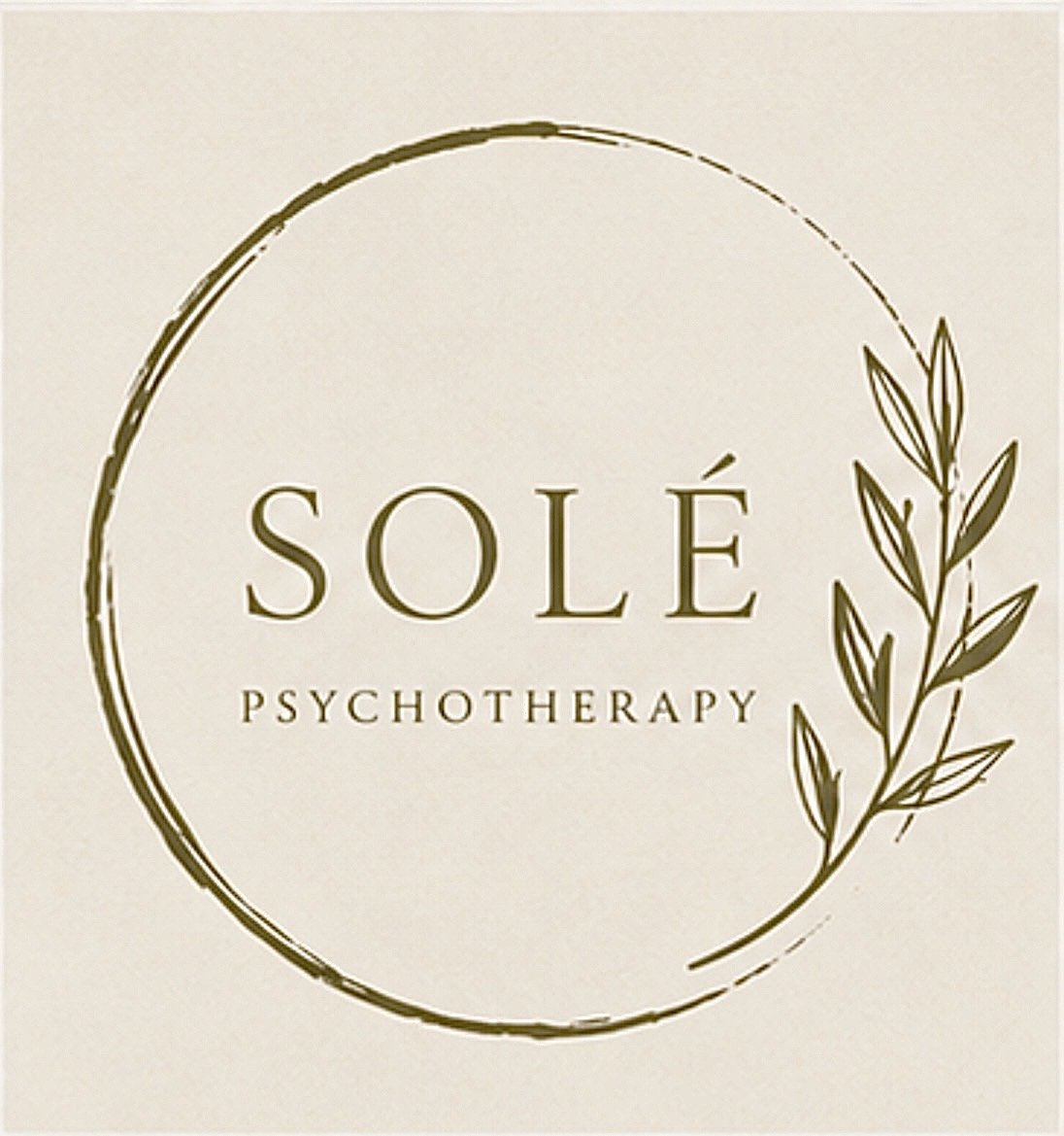 Business logo for Solé Psychotherapy featuring a circle, leafy branch, and elegant text.
