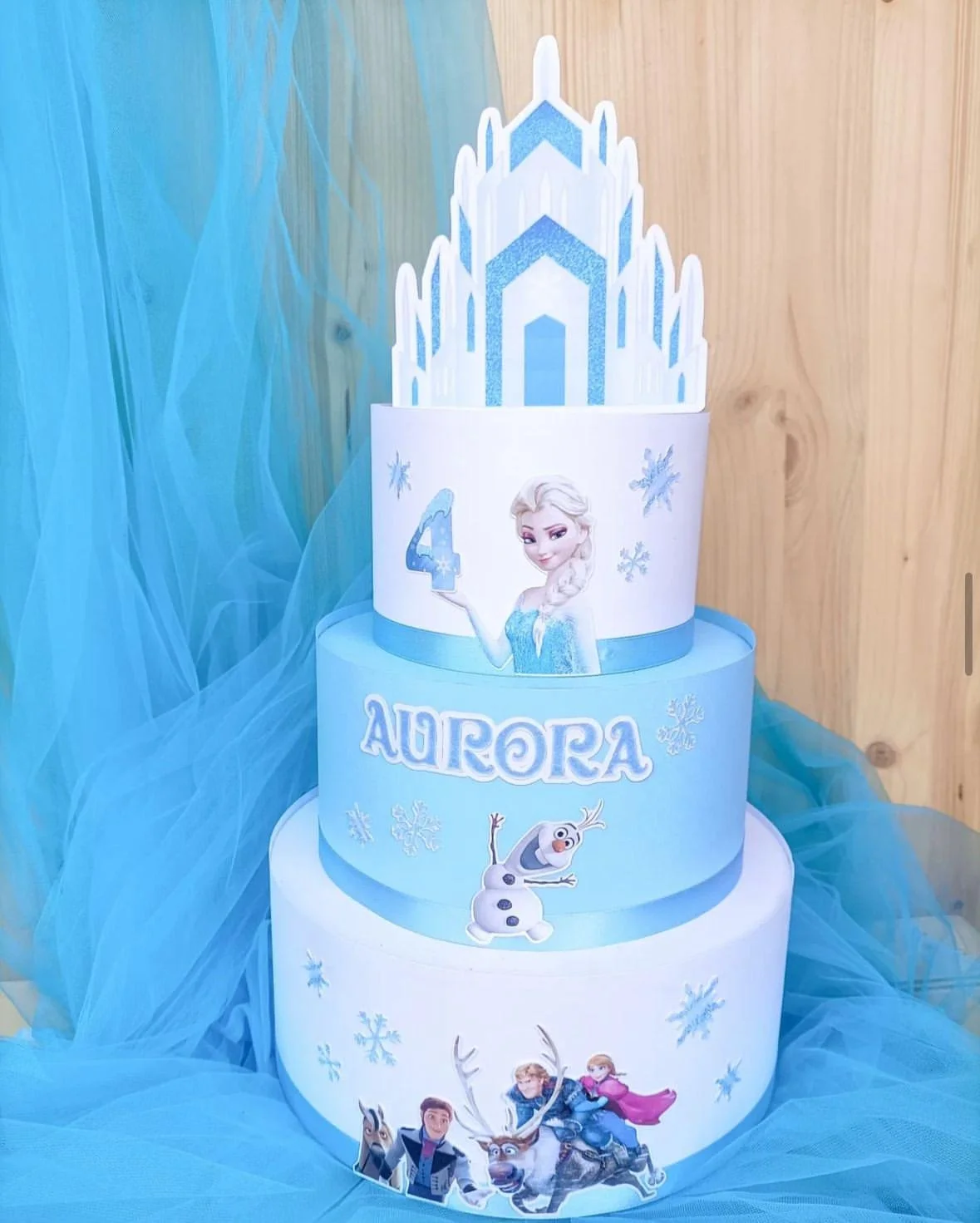 Torta di Frozen con personaggi Elsa, Olaf, Anna e altri, decorata con elementi di neve e ghiaccio, e il nome Aurora.