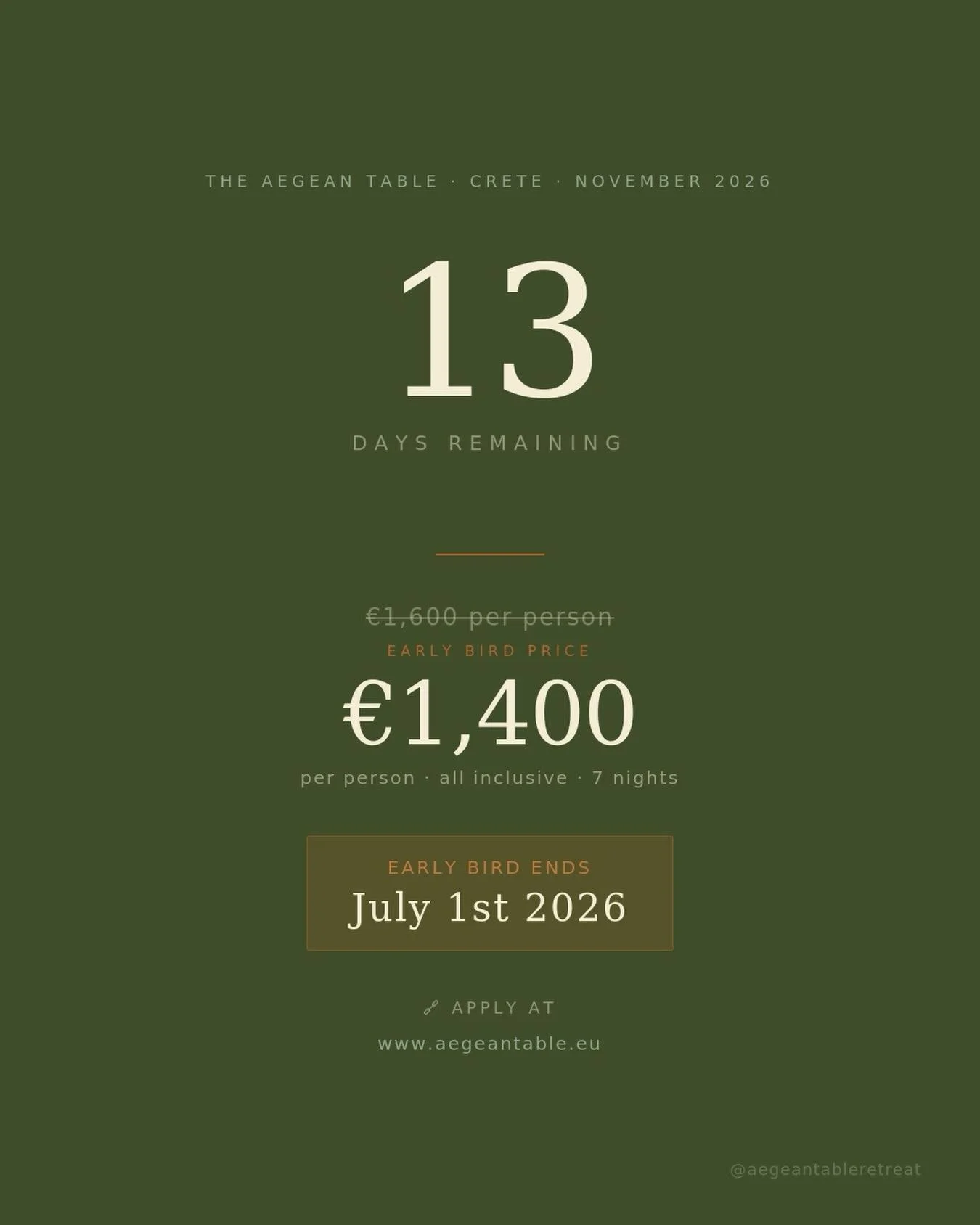 The early bird price on The Aegean Table ends in 13 days.

Seven nights in the White Mountains of Crete. All meals, cooking classes, two excursions and transport &mdash; from &euro;1,400 per person until July 1st. &euro;1,600 after that.

Five rooms.