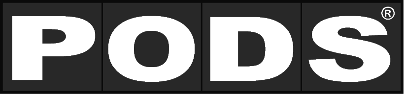 PODS logo with bold white letters on black background