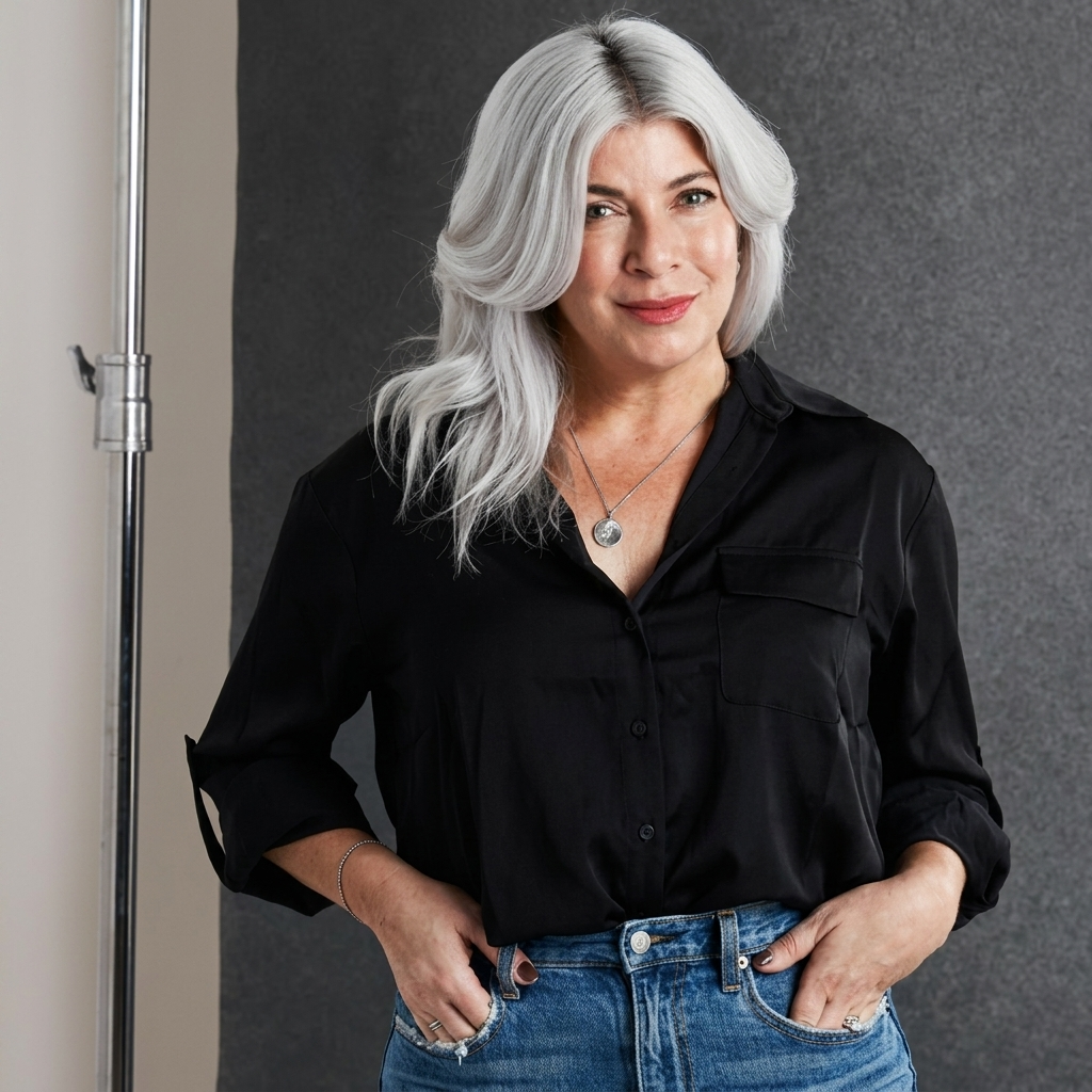 A woman with long gray hair, wearing a black shirt and blue jeans, standing in front of a dark gray background.