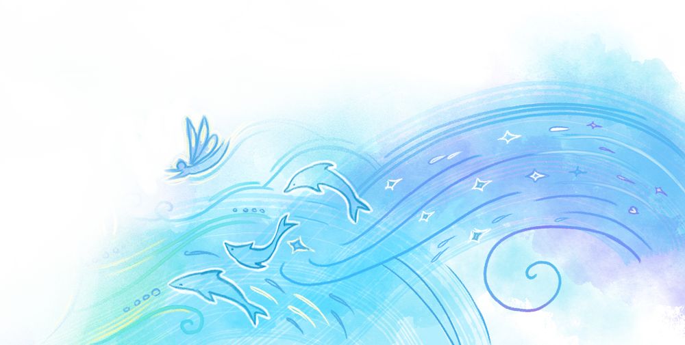 An artistic depiction of a blue ocean scene with dolphins swimming, a bird flying, colorful waves, and abstract water and sky elements.