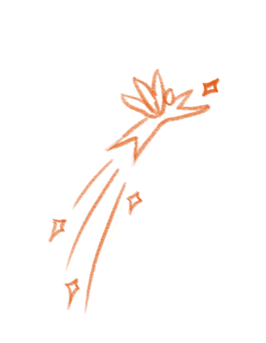 An orange fairy with wings flying towards a star-shaped burst with sparkles.