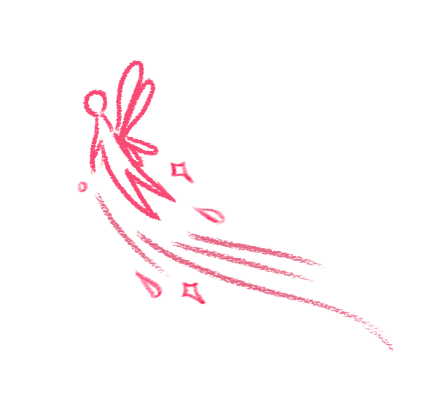 Pink and red stylized female figure with outstretched arms and long flowing hair, in a dynamic pose.