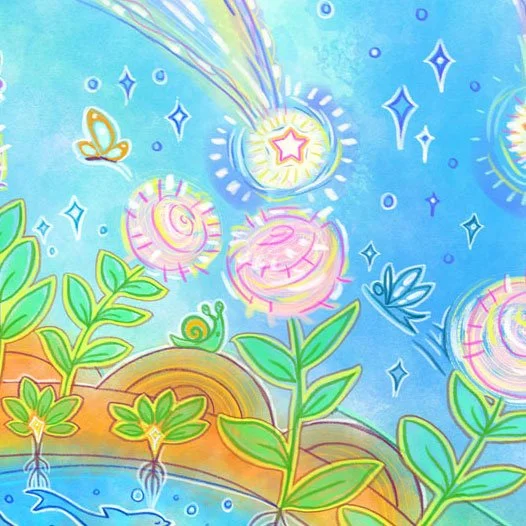Colorful whimsical illustration of plants with glowing orbs in a magical sky filled with stars and a shooting star.