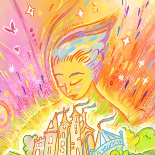 Colorful, whimsical illustration of a fairy with flowing hair above a castle, surrounded by sparkles, stars, and swirling patterns.