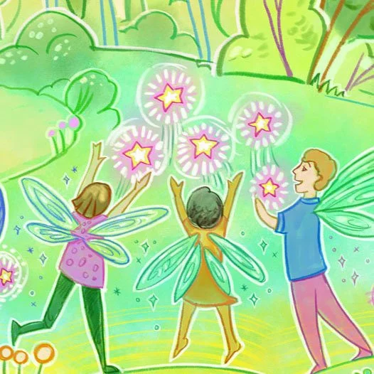 Three children dressed as fairies, holding glowing star-shaped wands, celebrating in a colorful, whimsical outdoor setting with lush greenery and trees.