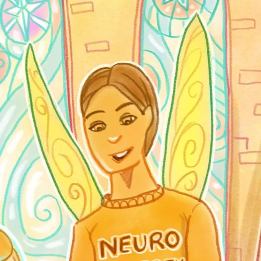 A cartoon of a smiling person with fairy wings in front of a colorful, ornate background.