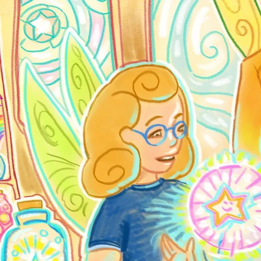 A cartoon fairy with yellow hair, blue glasses, and green wings, standing in a colorful, whimsical setting with magical jars and a star-shaped object.
