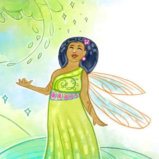 A fairy with dark hair, wearing a green dress, with transparent orange wings, standing in a magical forest setting with sparkles and green trees.