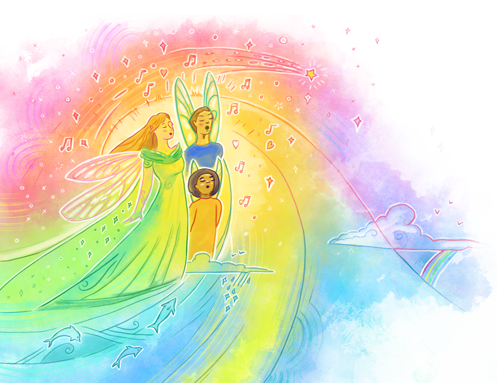 Colorful illustration of three fairy-like beings with wings, standing on a rainbow above water with dolphins, surrounded by musical notes, stars, and rainbow patterns in a dreamy sky.