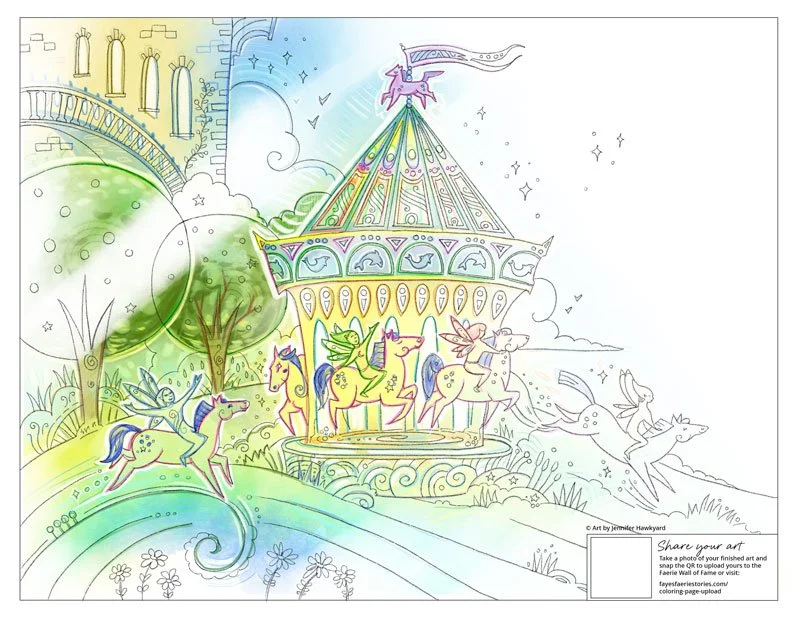 Coloring page illustration of a whimsical merry-go-round with unicorns, a rainbow-colored carousel, and flying unicorns, set in a fantasy landscape with trees, clouds, and fairy-tale scenery.