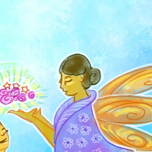 A fairy with orange wings and a purple dress holding a bouquet of pink roses with star-shaped sparkles.