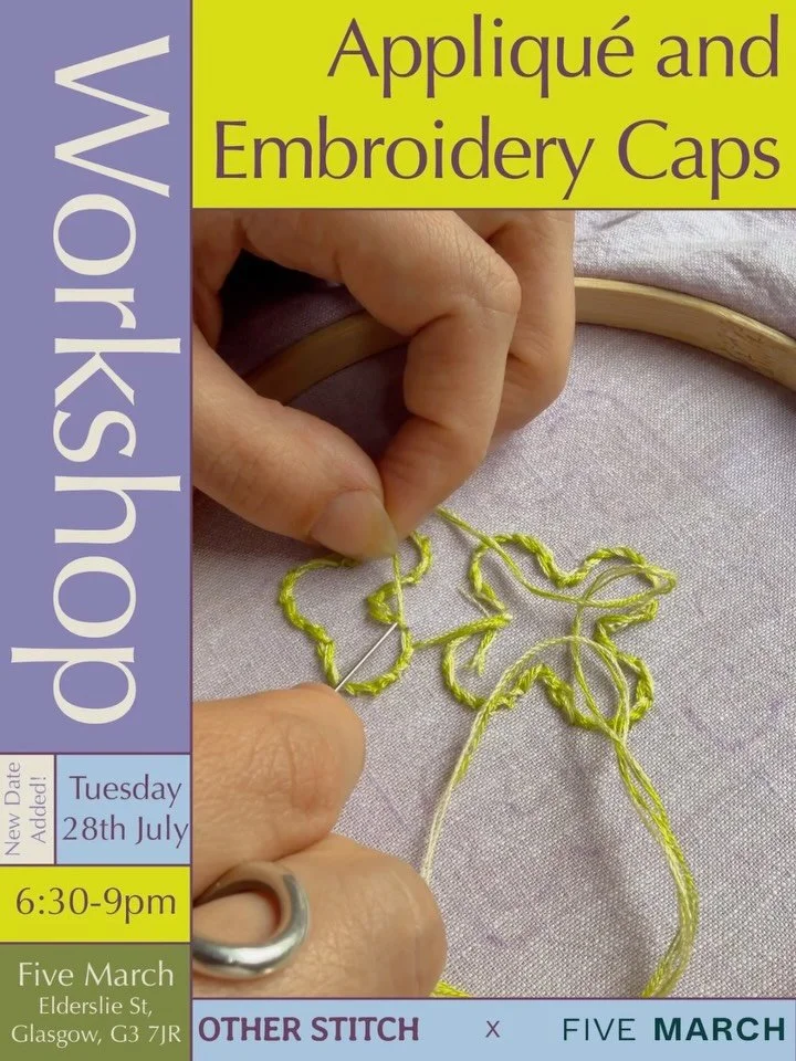 I&rsquo;m back with another Appliqu&eacute; and Embroidery Cap Workshop at the wonderful @five_march !

Come along for a hands-on evening where I&rsquo;ll teach you techniques to embellish and repair textiles using reclaimed materials.

Learn somethi