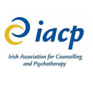 Logo of the Irish Association for Counselling and Psychotherapy (IACP) with blue and yellow intertwined circles and blue text on a white background.