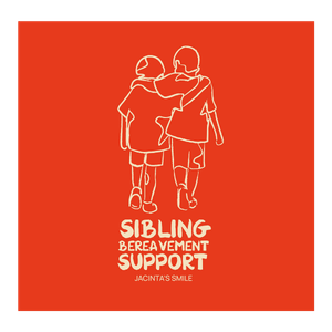 Line drawing of two siblings walking together, one with arm around the other's shoulder, against a red background. Text reads: 'SIBLING BEREAVEMENT SUPPORT' and 'JACINTAS SMILE'.
