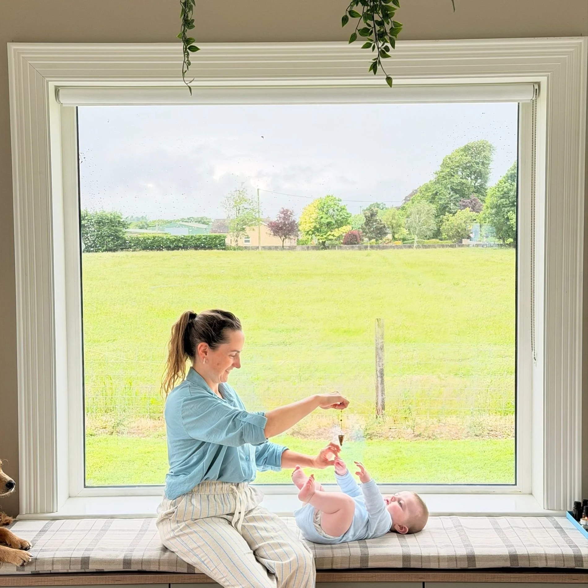 A woman and a small child sitting on a windowsill, playing with a toy baby doll inside a room. The scene is bright and cheerful, with a view of a suburban neighborhood with lush green trees and houses outside the window.