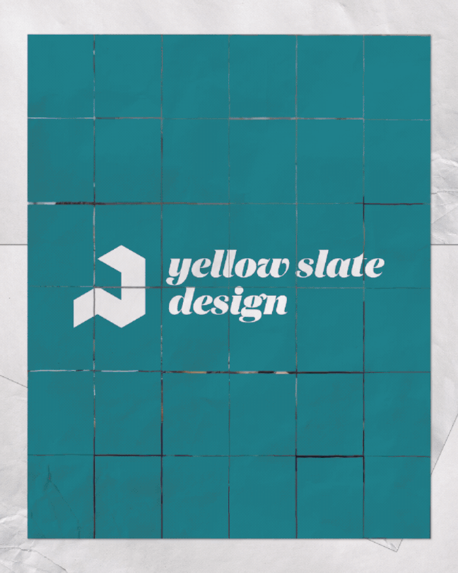 Teal poster with a white geometric logo and the text 'yellow slate design' in white cursive font.